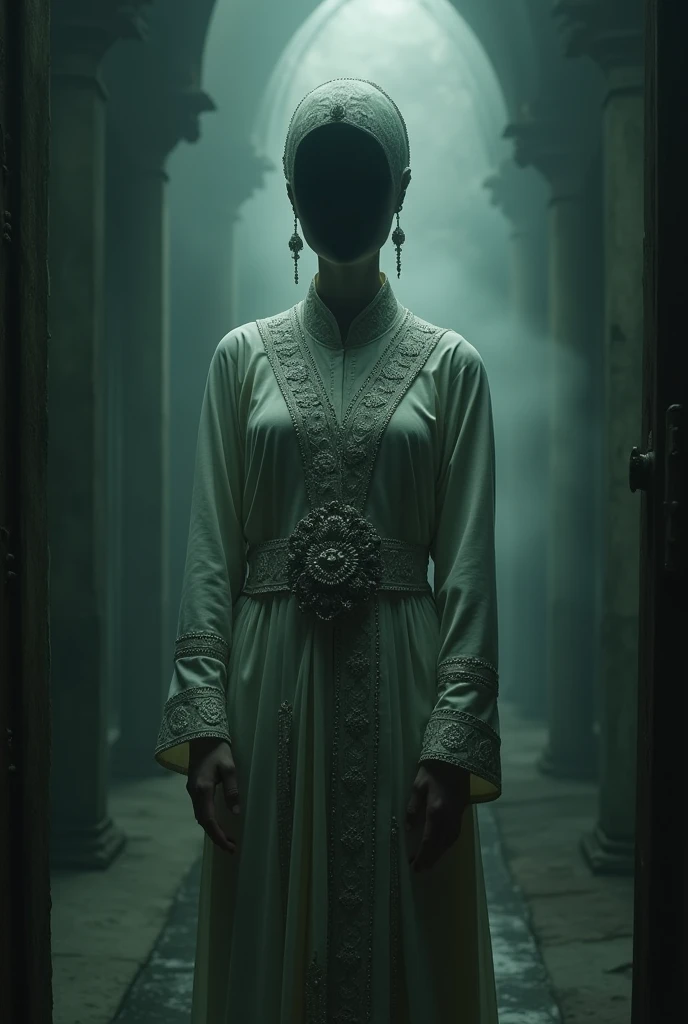 Cambodian ghost woman, she has no head. She is wearing a Khmer suit