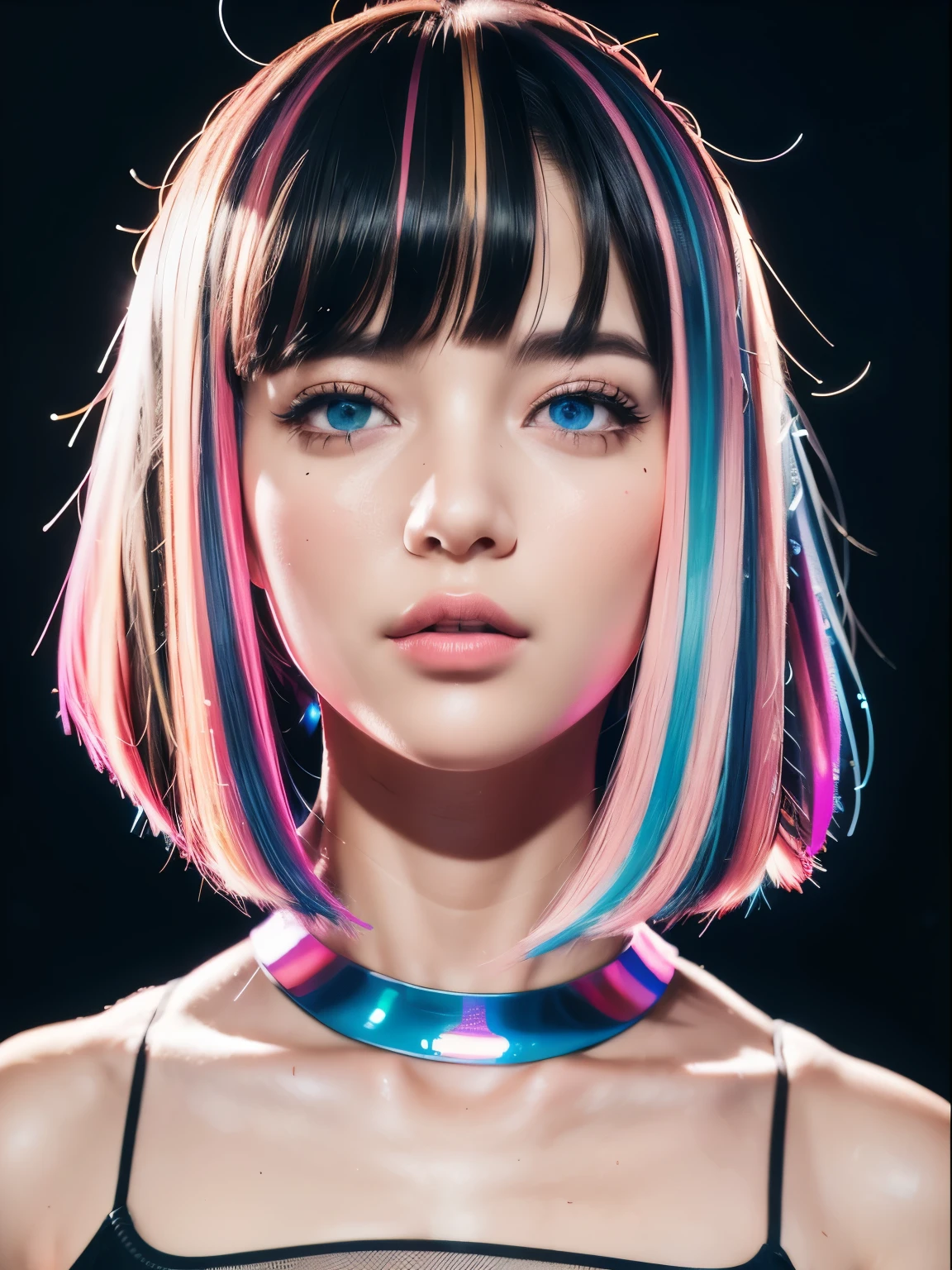 upper body portrait, japan, multicolored hair, long bob cut, earphone, Cute Girl Isometric Section 3D Hologram, Black and pink neon, Blender Ultra HD Rendering, Black Background - Original Style - AR 3:2