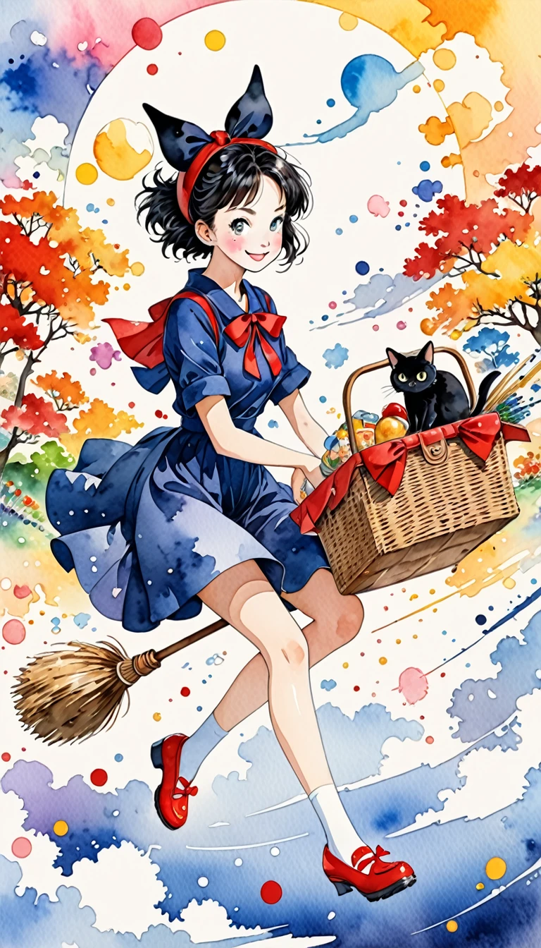 Takashi Murakami Style、(((stylish fashion))), 8K Quality、Intense watercolor, Detailed watercolor art, Watercolor splash, Surreal, avant-garde pop art, Beautiful and expressive paintings, Beautiful artwork illustration, Very colorful tones, wonderful, Cool beauty, highest quality、Official Art, Vector art, Stylish design, (((Kiki's Delivery Service1.9))),(((The most beautiful smiling girl with very large red ribbon on her head1.4))),navy dress,(((a witch on a broom))), (((picnic))),(((highest quality))), HDR, ((detailed)), (((Doodle Art)), ((masterpiece)), ((Super detailed)), (((Stylish))), small black cat,
