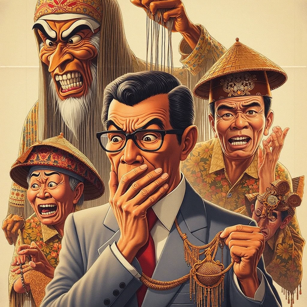 Create a humorous, vintage movie poster style satirical image of the Indonesian proverb 'Regret of wrong vote and deceived', incorporating photorealistic Studio Ghibli aesthetics, the hand strokes of Don Lawrence, elements from Indonesian culture, traditional Indonesian clothing, and add exaggerated facial expressions to the characters.