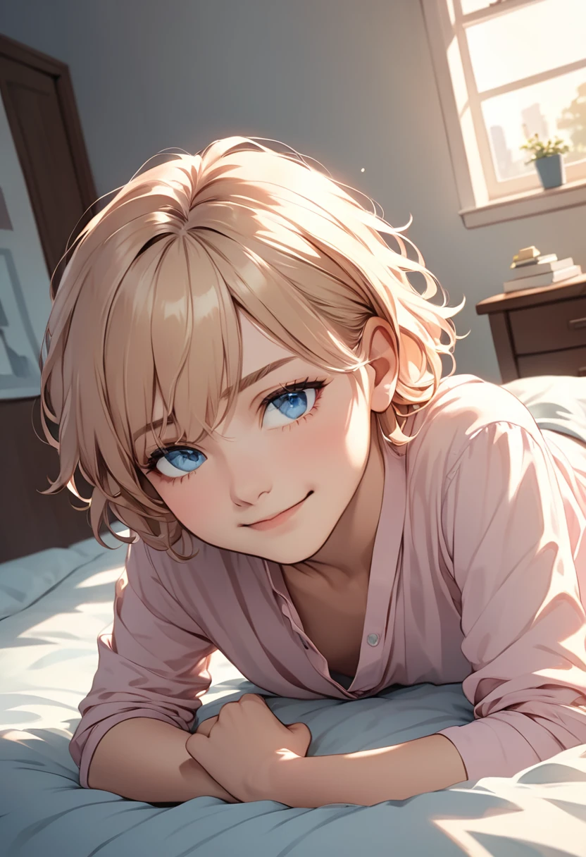 detailed illustration, Bottom-up angle, Extremely detailed, illustration, 1 person, blue eyes, Delicate eyes, Short Blonde,Boys, Light pink shirt, Sit on the bedroom bed, Gentle smile