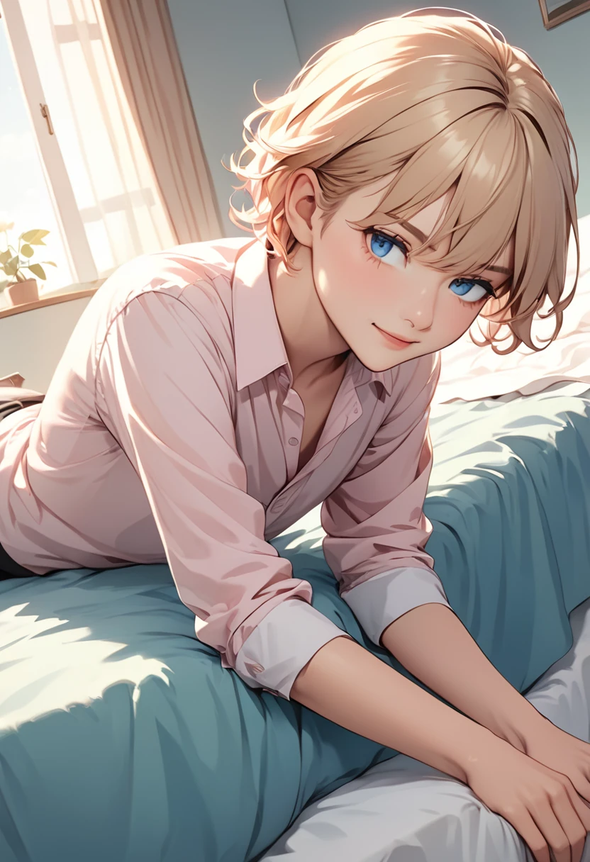 detailed illustration, Bottom-up angle, Extremely detailed, illustration, 1 person, blue eyes, Delicate eyes, Short Blonde,Boys, Light pink shirt, Sit on the bedroom bed, Gentle smile