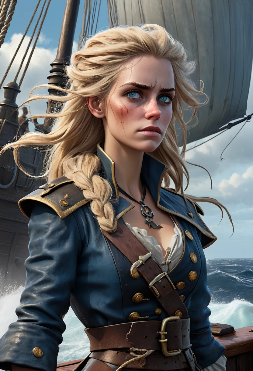 (Realistic:1.2), Grimy 24-year-old blonde pirate woman with weathered skin, sea-sprayed hair, and a salty gaze leaning against mast of. her storm-battered ship, a dagger by in her hand limp at her side, exhausted after another sea battle. The rough grey sea stretching out before her like an endless battlefield, waves crashing against the vessel's hull as dark, foreboding clouds gather on the horizon, an airship looming in the distance, its billowing sails tattered, the pirate's tunic a deep, rich blue with sea-worn whites and tawny leather accents, contrasting warm golden light on weathered wood and cold blue shadows, 8k hyper-real fantasy matte painting in the style of Simon Stalenhag, ZBrush textures and Unreal Engine 5, detailing reminiscent of Iain McCaig's concept art, loose brushstrokes echoing the rugged seascape my soulmate.