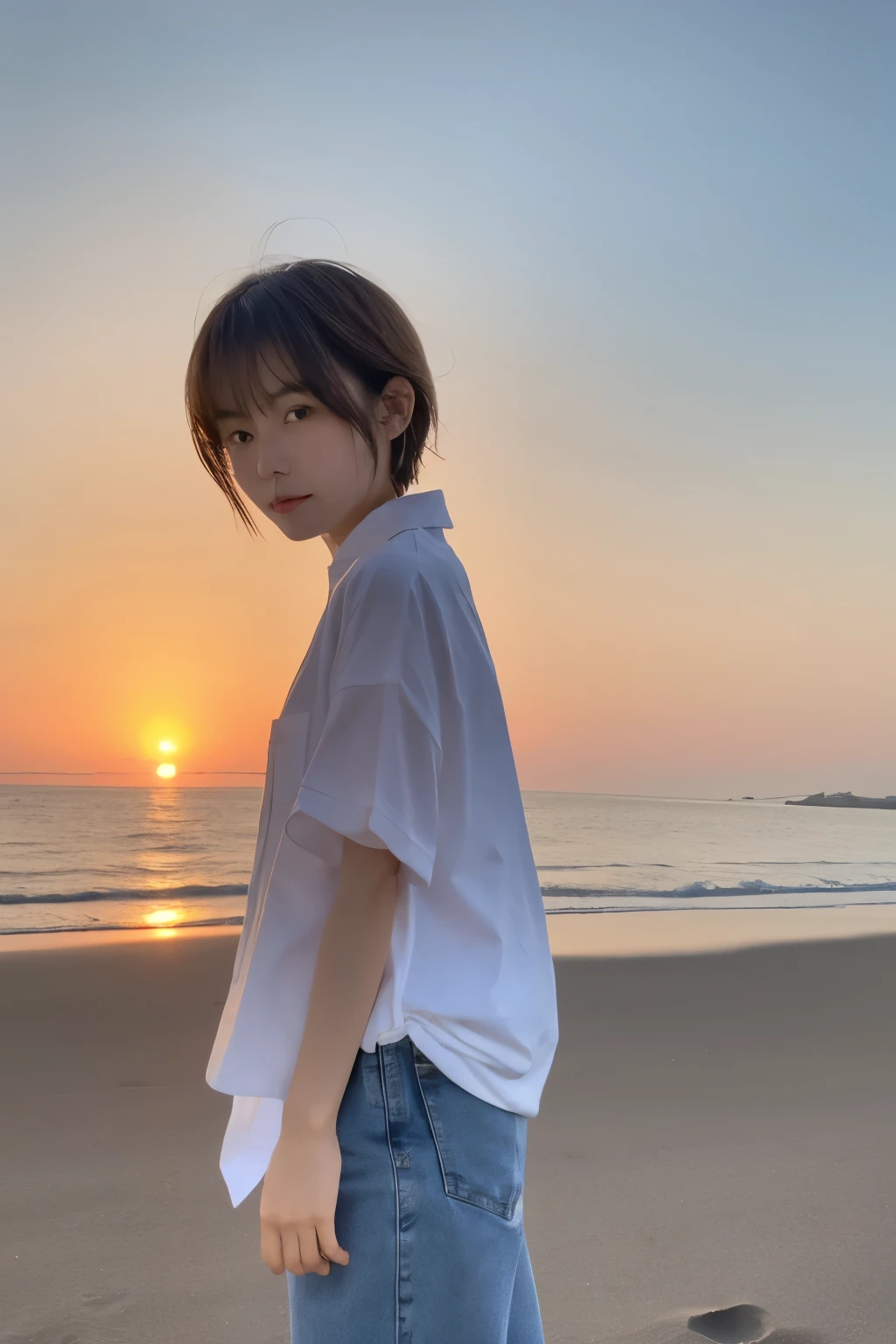 1 japanese woman, short hair, wearing white shirt, short denim, at beach, sunset, A forlorn expression
