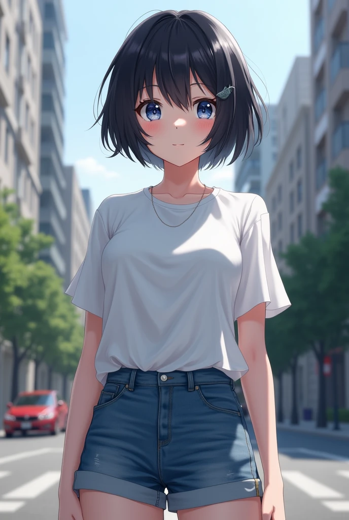 1girl, short black hair, blue eyes, wearing plain white shirt, denim shorts, city, absurdres, high res, ultrasharp, 8K, masterpiece, looking at viewer