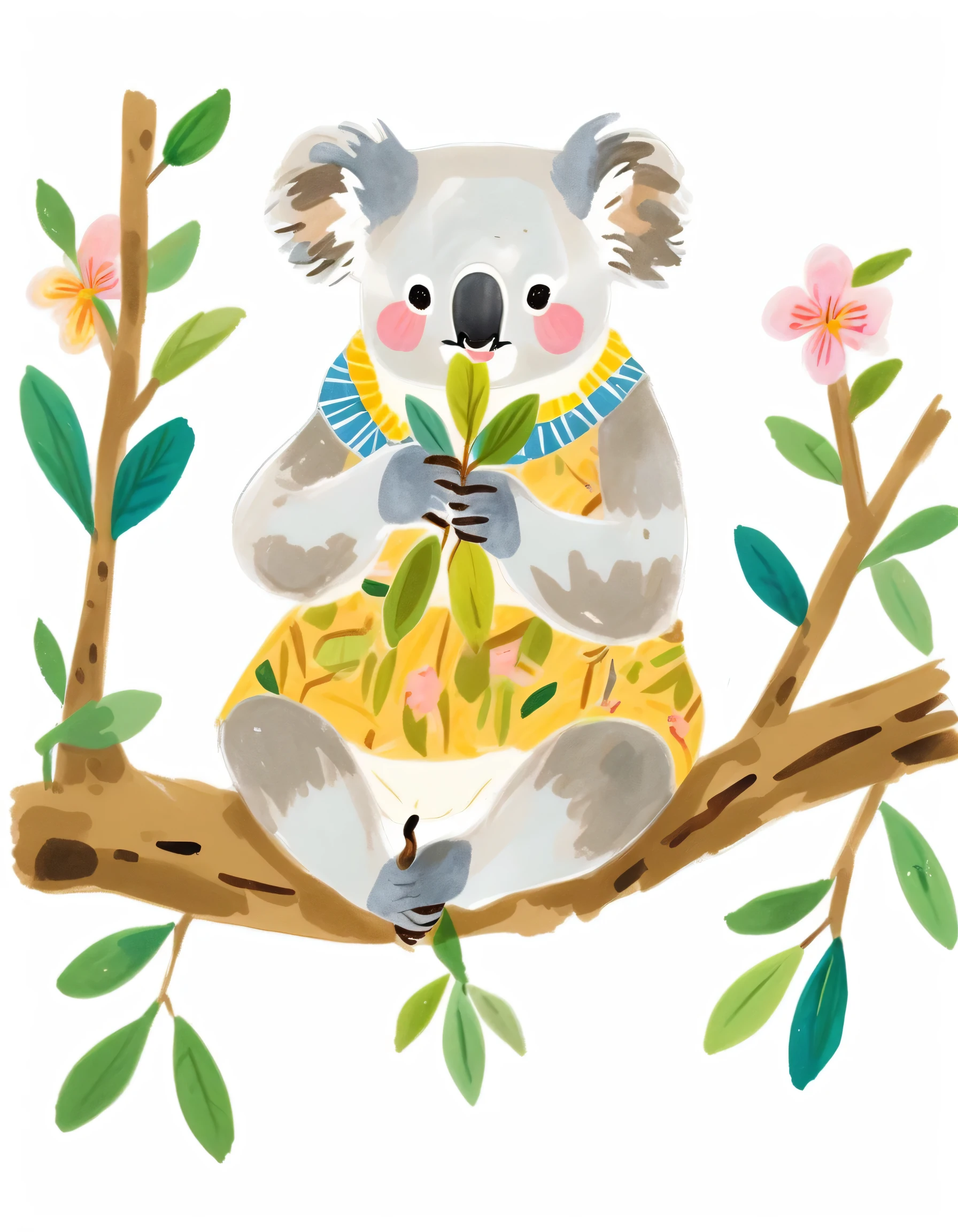 masterpiece, high quality, a koala eating while sitting on a branch, chilling, hand drawing, illustration, white background
