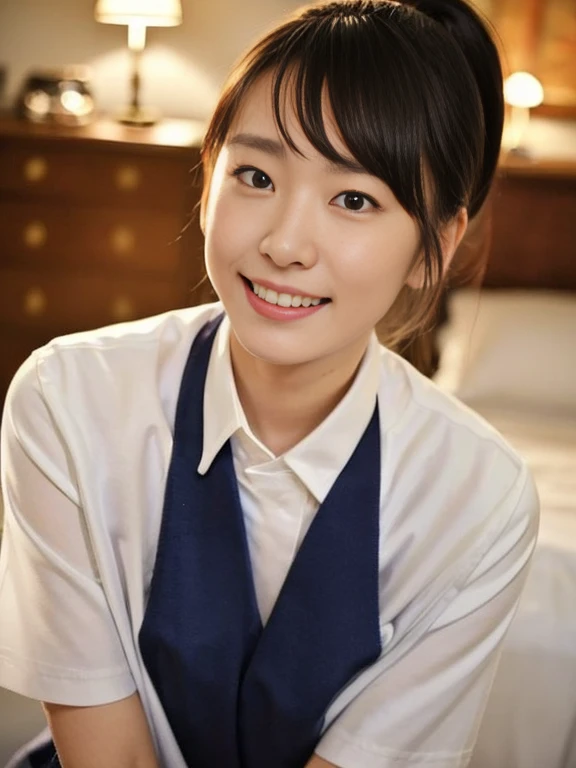 (Masterpiece, Best quality:1.3), (Ultra realistic, Photo-realistic:1.2), Natural light, 28 years old actress, Japanese beautiful 2 women, Neat and clean, (School uniform, Collared shirts, White shirts:1.2), Short sleeve, Dark navy pleated skirt:1.2), (unbutton shirts:1.2), White sock, (Ponytail:1.2), (Beautiful faces), Oval face, clear, Beautiful eyes, Kind eyes, Clear skin, Small face, Beautiful mouth, Small mouth, Natural makeup, Approachable, Seductive smile, (Seductive pose:1.2), Beautiful thighs, Bedroom eyes, Embarrassed, Blush, Luxury hotel Suite room, On bed, (nsfw:1.2), (lesbian couple, petting together:1.1), kneeling,