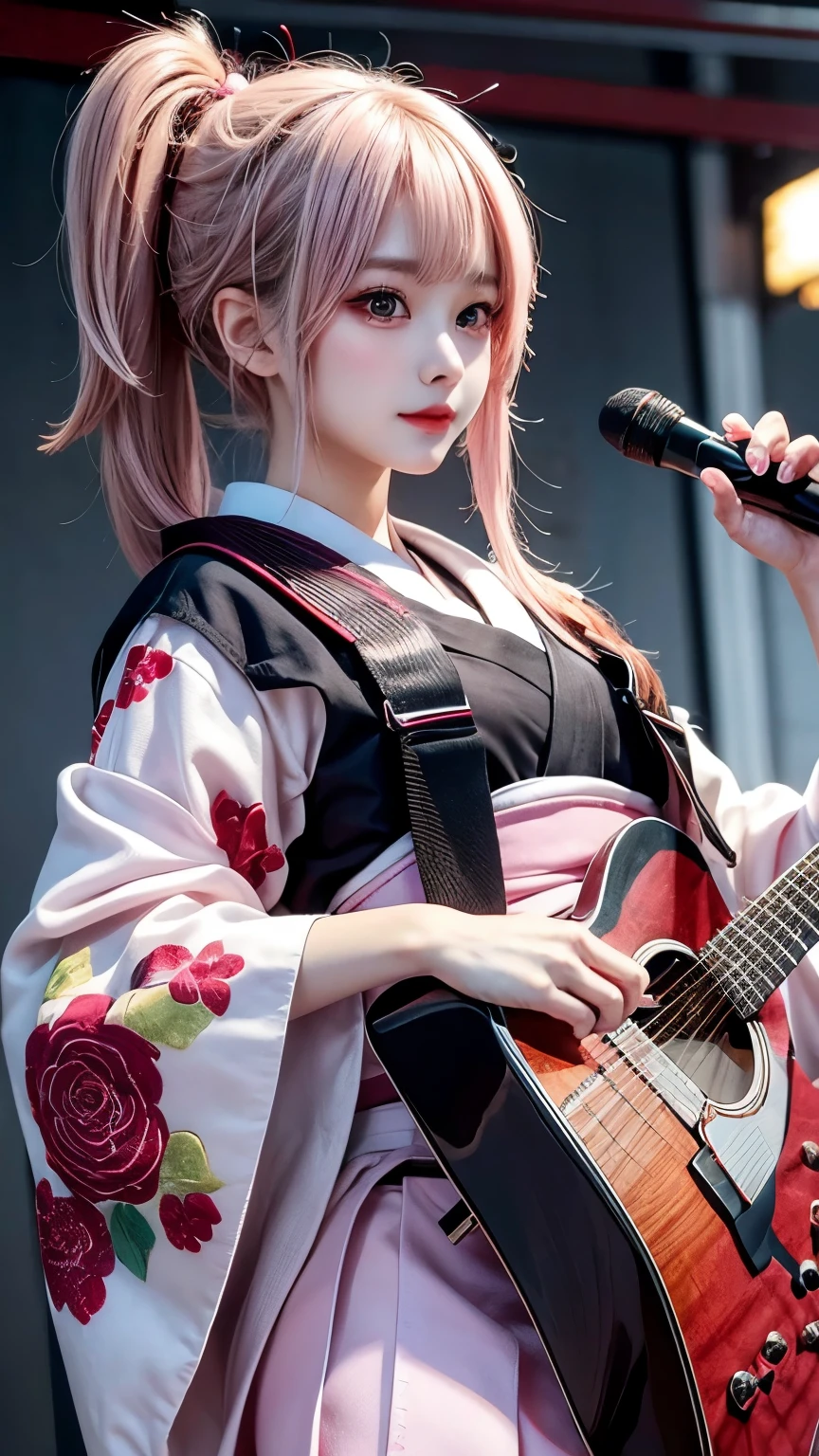 masterpiece, best quality, very detailed, high resolution, expensive resolution, high resolution, 4K, 8k, Unity 8k wallpaper, highly detailed CG, masterpiece, 2D, 3D, beautiful details, depth, fine texture, best quality: 1.3, perfect focus, crispy skin, he,
Very cute anime girl, girl playing guitar vocals in a band wearing a Japanese fancy floral haori hakama, on outdoor stage, full body, expensive pink and black short twin tail hair, mole under eye, looking at the viewer, expensive, blush, mole, lips open, , heart choker, pink eyes, guitar vocals, stage