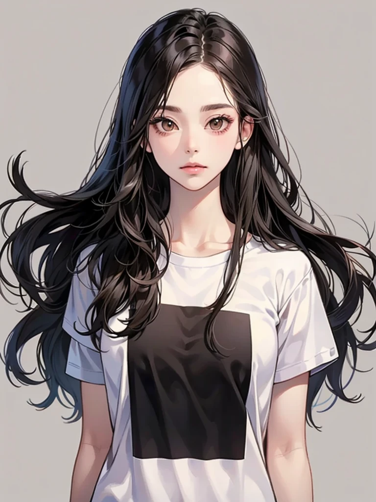 long straight black hair, brown eyes, Sharp features, white skin, perfect, t-shirt, simple background, 1 girl,