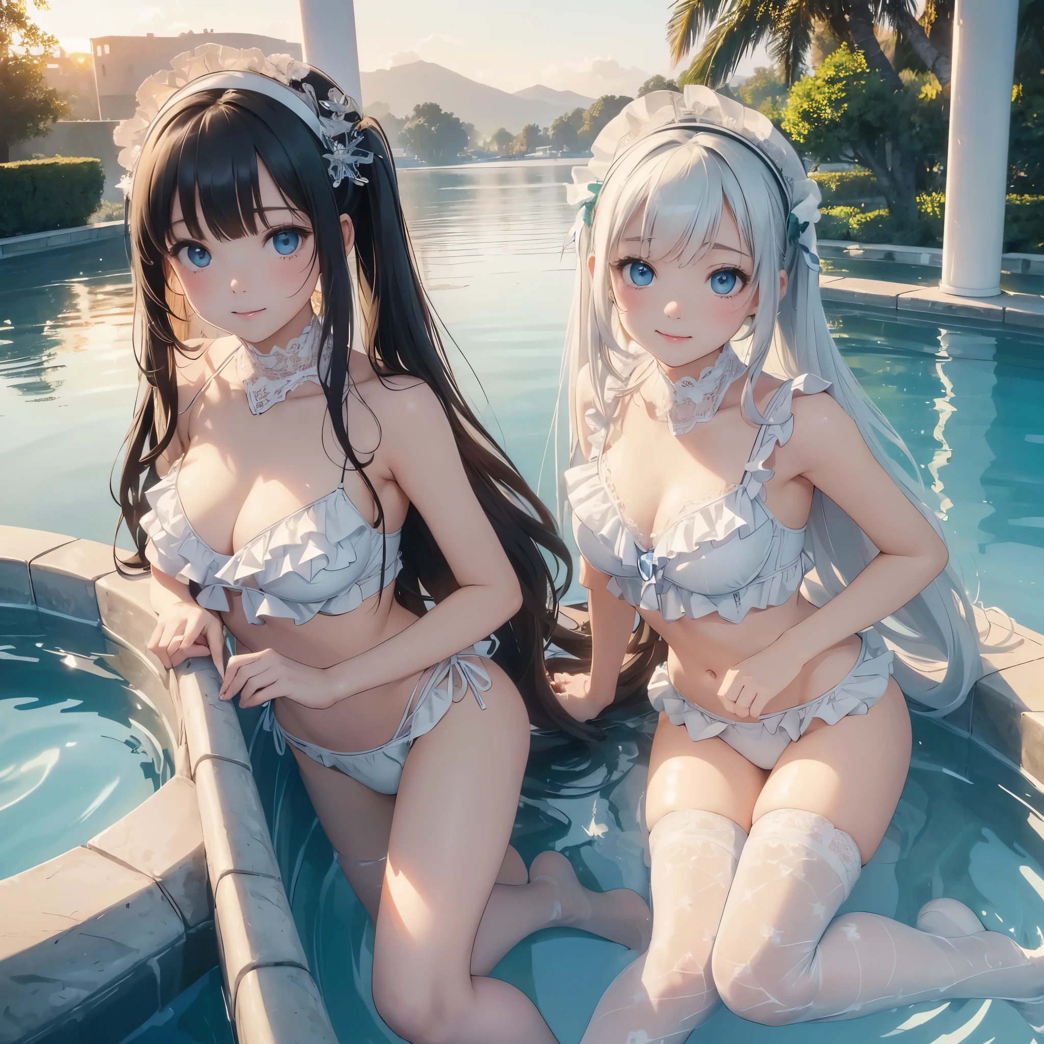 ((masterpiece)), ((highest quality、Ultra high definition)), (Very detailed),8k、Photo quality、((Amazingly cute girl))、(-yeld gi)、Two people, , (Beautiful emerald blue eyes), ((smile)),In the open-air bath overlooking the sea, Beautifully arranged black hair in twin tails、Slim Body、(Cute little breasts)、((A very cute white bikini swimsuit with lots of lace and frills.))、Professional Lighting、(White lace knee-highore detailed and beautiful)、(More details and cutenesore realistic)、((Just wear light clothing))、Frolic in the pool、(Too cute)、(The embodiment of cuteness)、(Godly cuteness)、((sunset))、