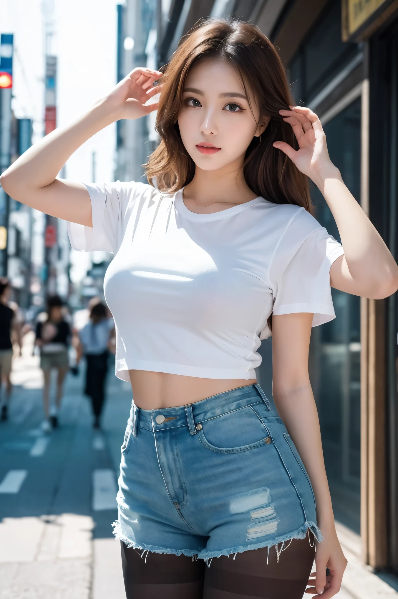 ulzzang-6500-v1.1, (RAW Photos:1.2), (Realistic), (Genuine:1.4), (masterpiece), masterpiece, Absurd, Finer details, Sharp focus、High resolution, Highly detailed face and eyes, Realistic, Long wavy brown hair, Shorts with both arms raised, A messy white t-shirt, Denim shorts、、(Ultra-realistic pantyhose:1.3), And colorful fluorescent sneakers, Casting a Spell, Random natural poses、Modern Tokyo, Highest quality, masterpiece, 1 person, whole body, very gentle and beautiful, 8k wallpaper, Beautiful sea green eyes, Beautiful sparkle, Cinema Lighting
