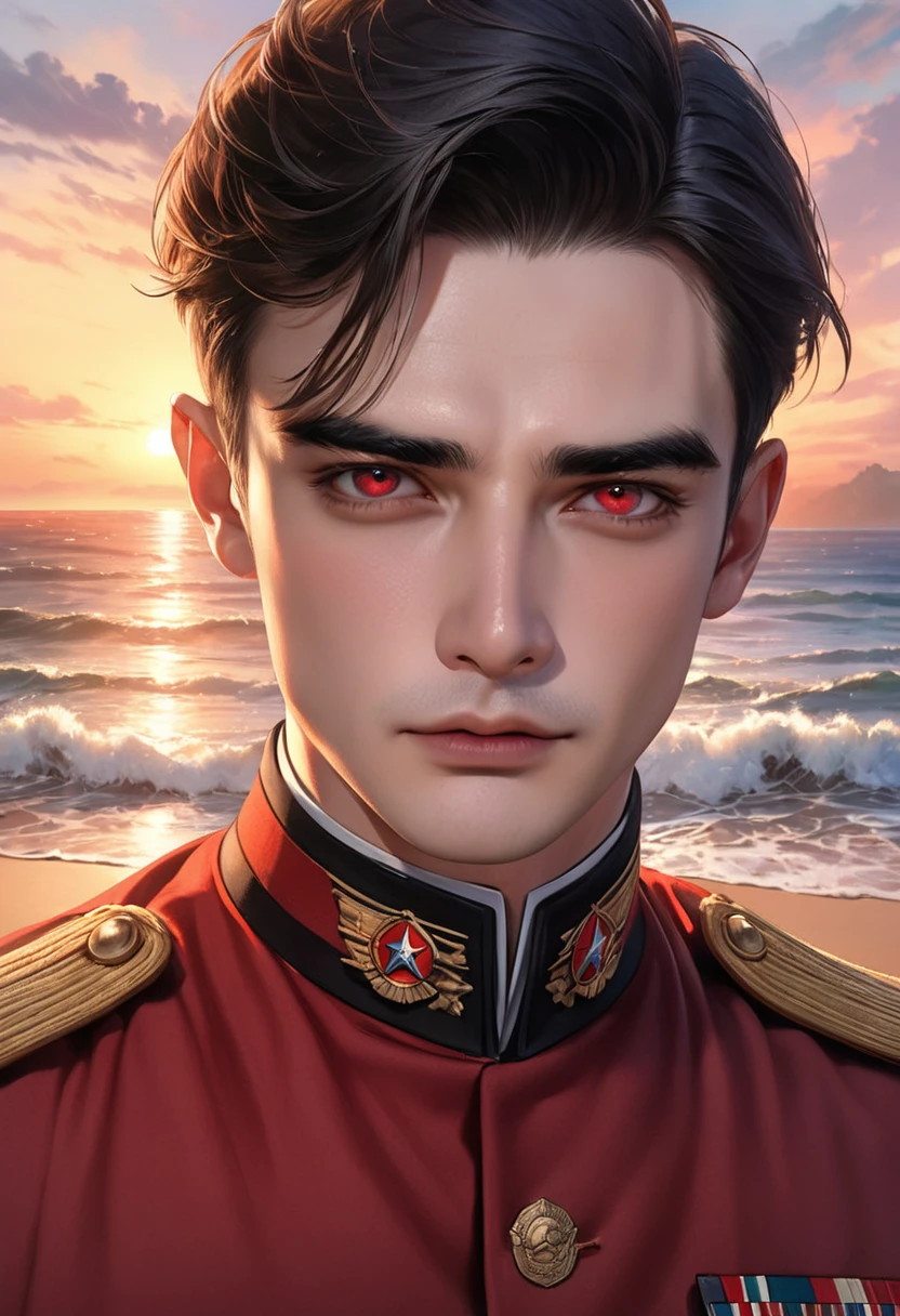 1 person male Black short hair Black eyebrows Bangs that hide the eyes parted in the middle Crimson Eyes Red military uniform Seaside and sunrise Realistic
