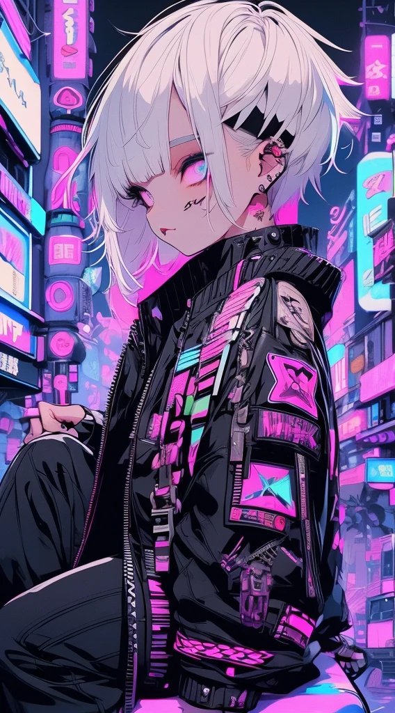 girl, White hair, Cool Black Open Short Jacket, The tattoo, Messy Fade Cut Hair, Crazy, sit pose, Futuristic neon night street background,