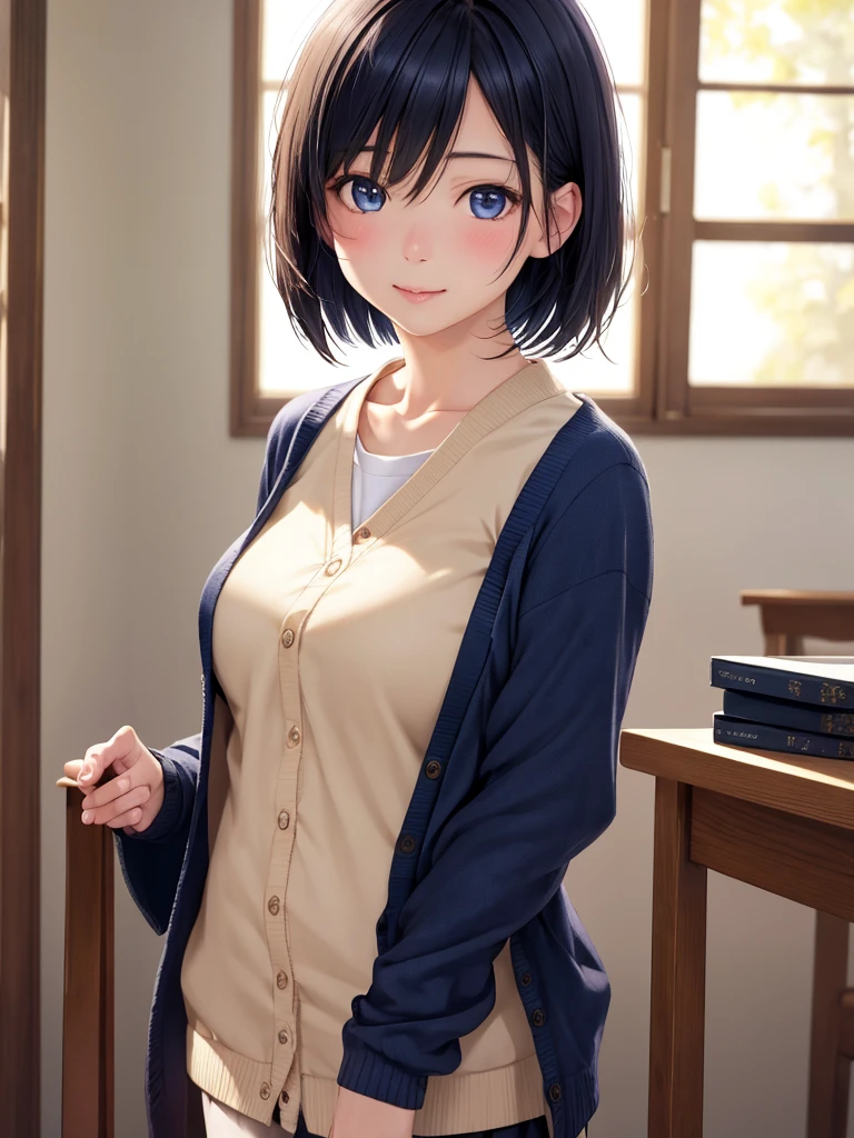 Highest quality, Face Focus, Soft Light, Ultra-high resolution, (Realistic:1.4), 1 Japanese woman, alone, beautiful, real, (A shy smile, blush:0.5), (Dark blue eyes, Light in your eyes), 細部までbeautiful顔, (Small box),(High resolution detail of human skin texture), (Short Bob Hair), In the classroom, Make it attractive, Are standing, Big Breasts, valley, uniform, cardigan,