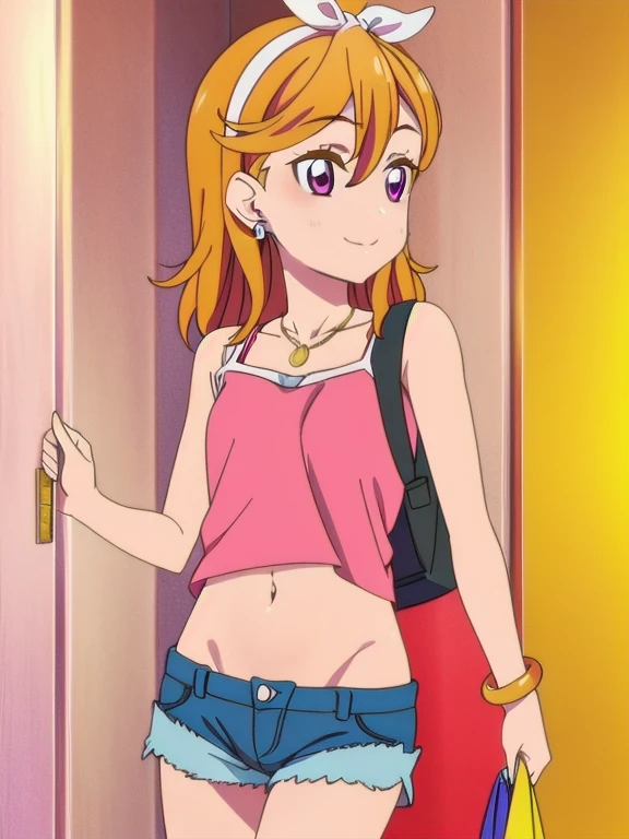 , (nsfw), ((beautiful)), ((masterpiece)), ((best quality)), (extremely detailed face), perfect lighting, highres, 8k, wallpaper, backlit, (absurdres), (ultra detailed, 8K, ultra highres:1.2), BREAK,(RED Ribbon on HAIRband:1.2),smile,navel,groin,denim shorts,loose clothes,shirt pull,shorts pull,A fashionable female ,dressed in a casual yet stylish outfit,browsed the racks of clothes at the department store. She hummed a tune to herself as she examined the various accessories and small items on display. Her outfit consisted of a pair of ripped denim shorts paired with a loose, camisole and a pair of sneakers. She accessorized with a small, silver bracelet on her wrist. As she shopped, the girl couldn't help but be drawn to the various colorful and glittering items in the store. She picked up a pair of cute, heart-shaped earrings and a matching necklace,admiring them in the bright, fluorescent lighting,Ichigo Hoshimiya (Aikatsu!)
