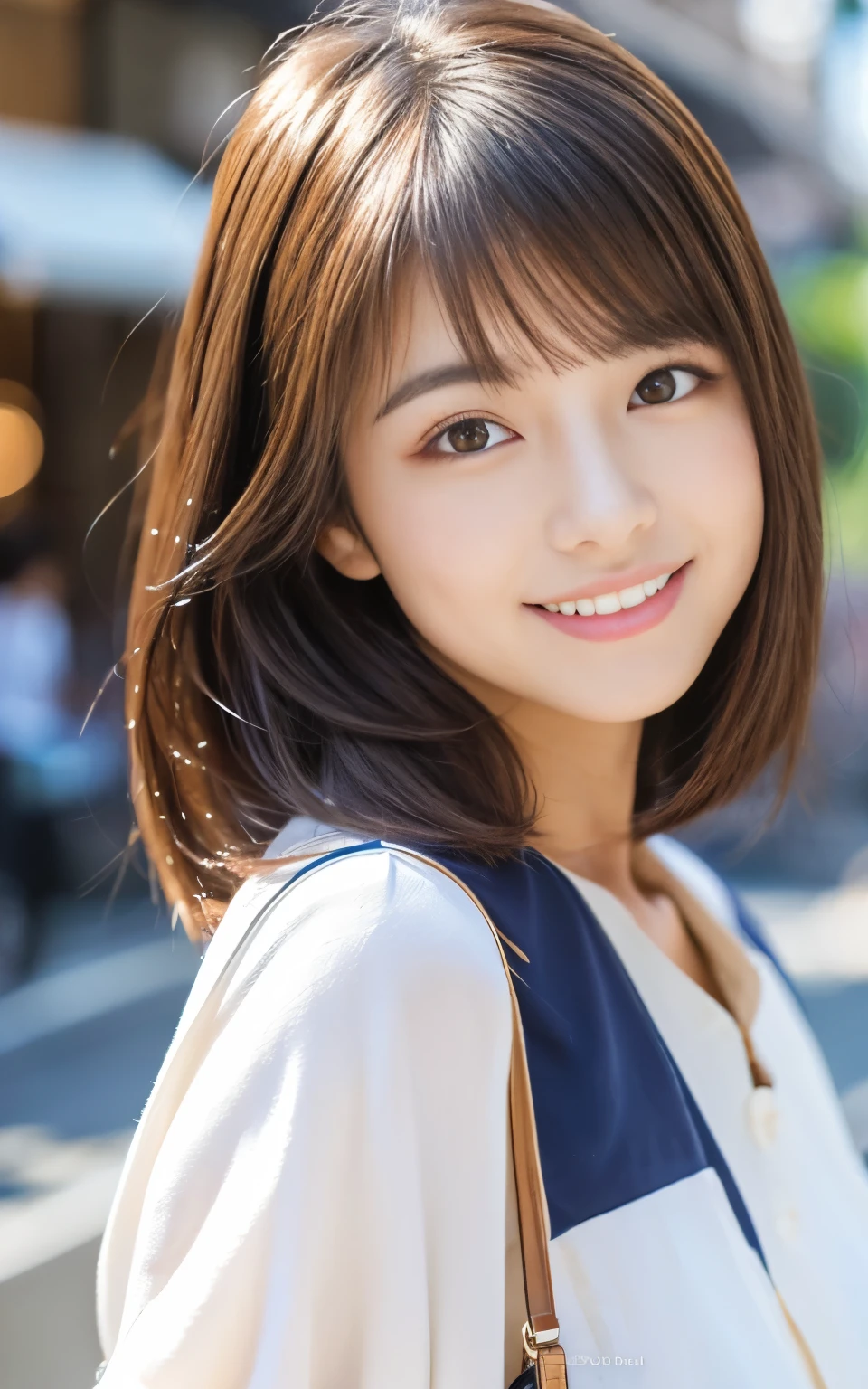 Cute 21 year old Japanese、city、shopping、Super detailed face、Pay attention to the details、double eyelid、Beautiful thin nose、Sharp focus:1.2、Beautiful woman:1.4、(Light brown hair,short hair、),Pure white skin、highest quality、masterpiece、Ultra-high resolution、(Photorealistic:1.4)、Highly detailed and professional lighting、nice smile、Please show me your whole body、Cute Spring Clothes、