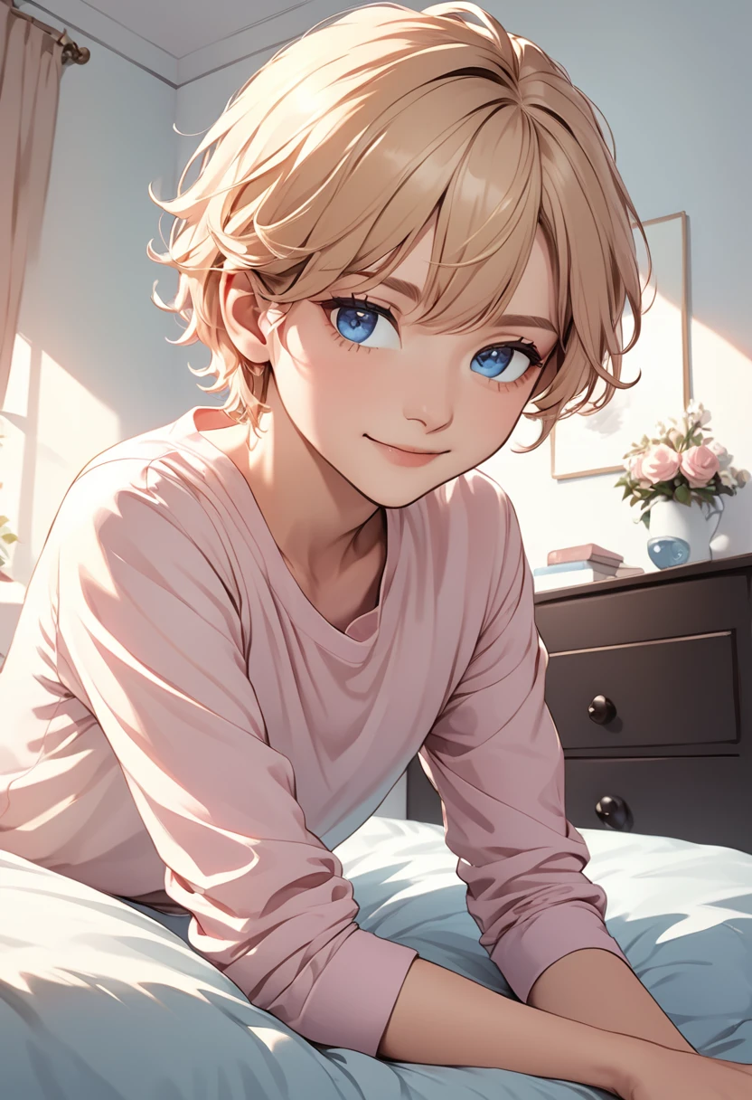 detailed illustration, Bottom-up angle, Extremely detailed, illustration, 1 person, blue eyes, Delicate eyes, Short Blonde,Boys, Light pink shirt, Sit on the bedroom bed, Gentle smile