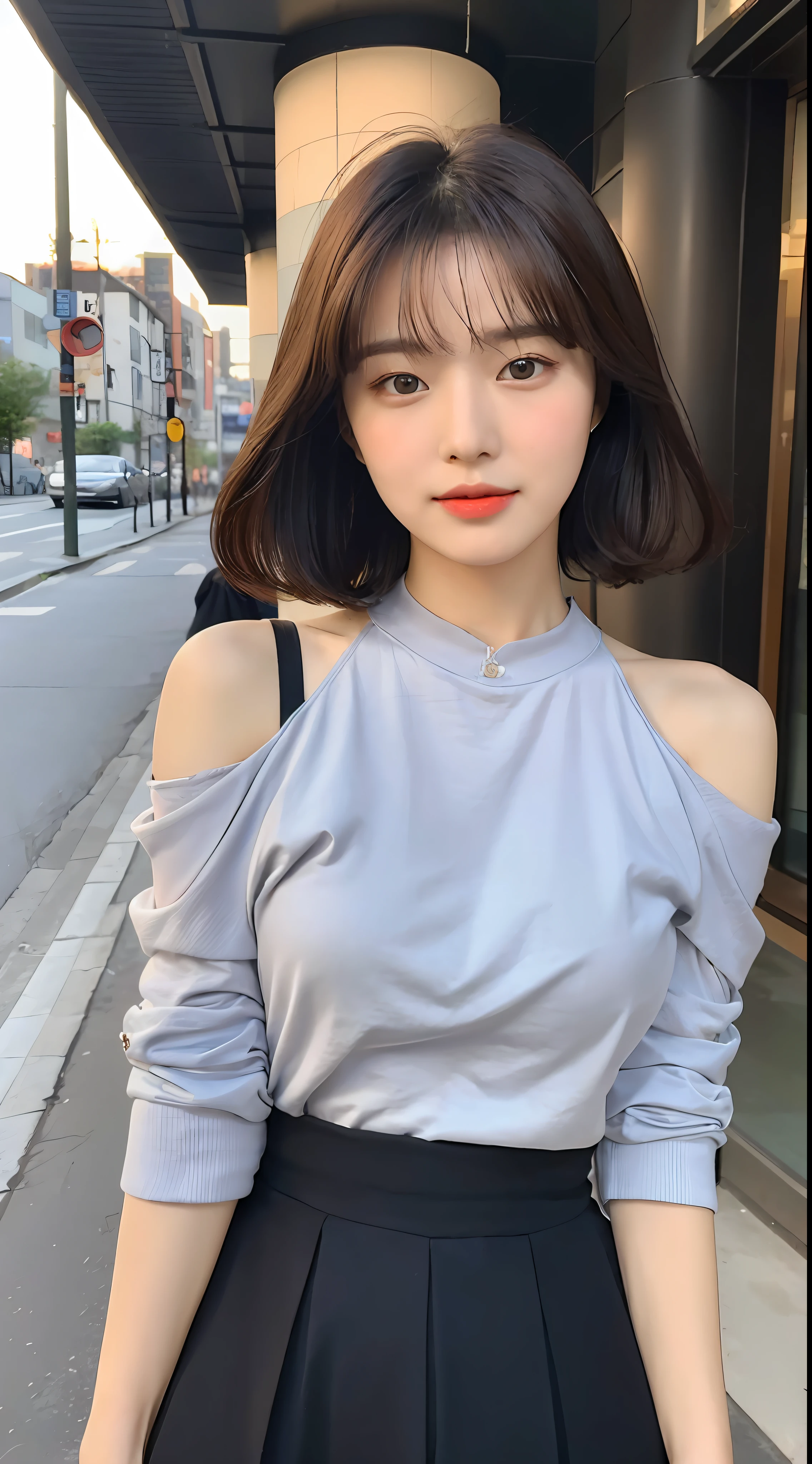 (1 cute Korean star), ((best quality, 8K, masterpiece: 1.3)), Key Points: 1.2, Perfect body beauty: 1.4 , (Air bangs: 1.2)), , (night, street: 1.3), Highly detailed face and skin textures, Beautiful eyes, Double eyelids, Skin Whitening, (Black straight leg : 1.3), (Round Face: 1.5), (Off-shoulder dress: 1.6)