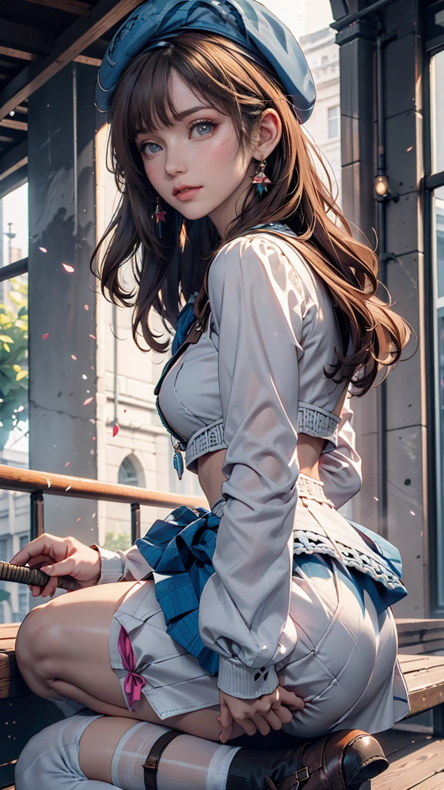 ((Highest quality)), ((masterpiece)), ((One girl)), alone, ferry, ((Long Hair)), ferryBase, ((Knee socks)), Bare shoulders, ((jewelry)), ((No sleeve)), White Dress, Blue Skirt, ((gloves)), Up to the thighs, From behind.