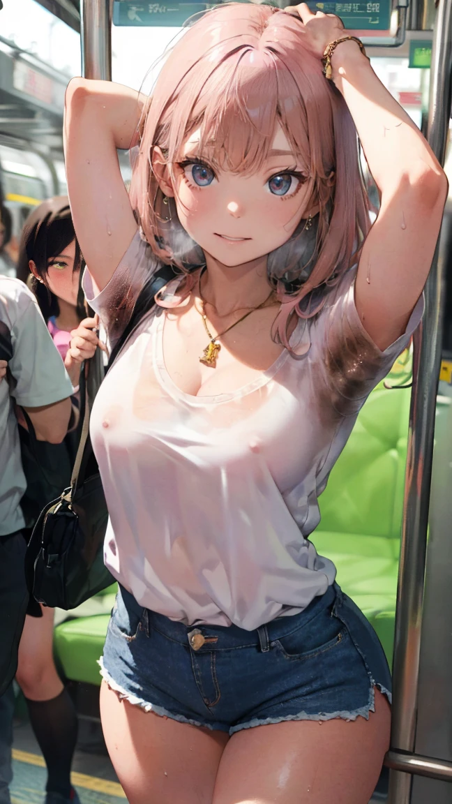 ((NSFW))、(masterpiece, Highest quality:1.3), (Super detailed:1.2), (hyperRealistic:1.3), (RAW Photos:1.2), High-definition RAW color photos, Professional photos, (PhotoRealistic:1.4), (Realistic:1.4), (Pink Hair:1.5), Professional Lighting, Perfect Anatomy, (Big Breasts:1.2), (blush, Detailed face),Earrings, necklace, Gold bracelet, (Slim body、Are thin、Model body type、Beautiful long legs), (White tight t-shirt、Open chest、Shorts、Zipper fully open、Low rise、金のEarrings、:1.3)、To the tips of the feet、(((Sweat)))、((Sweatで濡れた肌、My hair is wet))、Double teeth、(smile)、(((Body odor)))、(((Bad body odor)))、(((pubic hair、I can see the vagina)))、(((Yamanote Line、crowded train)))、(((Love juice drips)))、Hold on to the strap、((Angle from below))、(((Touching the vagina)))