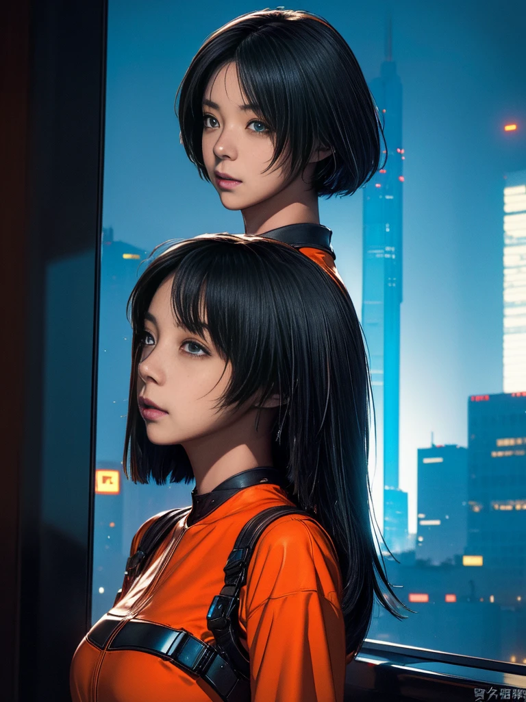 she poses confidently in the smoky haze of the dystopian cityscape,、a stunning portrait of a captivating female cyborg,。Her medium-sized breasts,、subtly accentuated by a firefighter jacket, a futuristic armor gleaming with neon orange and red accents.。Her sleek, short neon blue hair frames hazel eyes,、partly concealing her enhanced cybernetic augmentations.。her face stands out against the towering skyscrapers,、dominated by a resolute expression,、reflections dance over her cybernetic enhancements in a captivating display of light and shadow,。