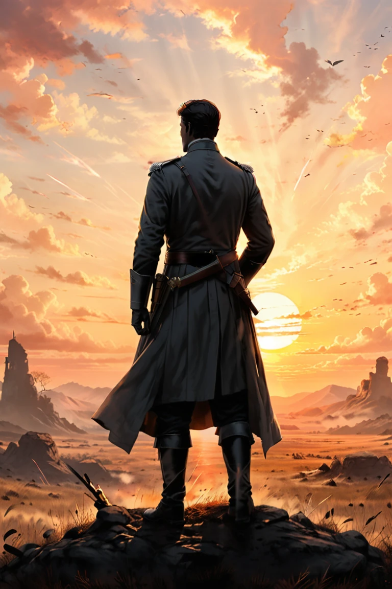 "An enigmatic historical leader standing on a battlefield, his silhouette highlighted by the soft glow of the setting sun, with an air of mystery surrounding him."