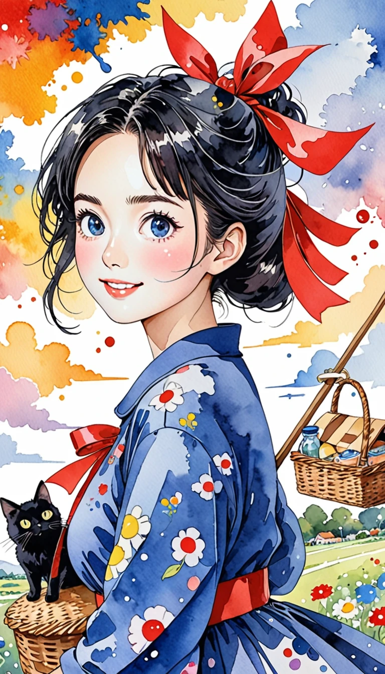 Takashi Murakami Style、(((stylish fashion))), 8K Quality、Intense watercolor, Detailed watercolor art, Watercolor splash, Surreal, avant-garde pop art, Beautiful and expressive paintings, Beautiful artwork illustration, Very colorful tones, wonderful, Cool beauty, highest quality、Official Art, Vector art, Stylish design, (((Kiki's Delivery Service1.9))),(((The most beautiful smiling girl with very large red ribbon on her head1.4))),navy dress,(((a witch on a broom))), (((picnic))),(((highest quality))), HDR, ((detailed)), (((Doodle Art)), ((masterpiece)), ((Super detailed)), (((Stylish))), small black cat,