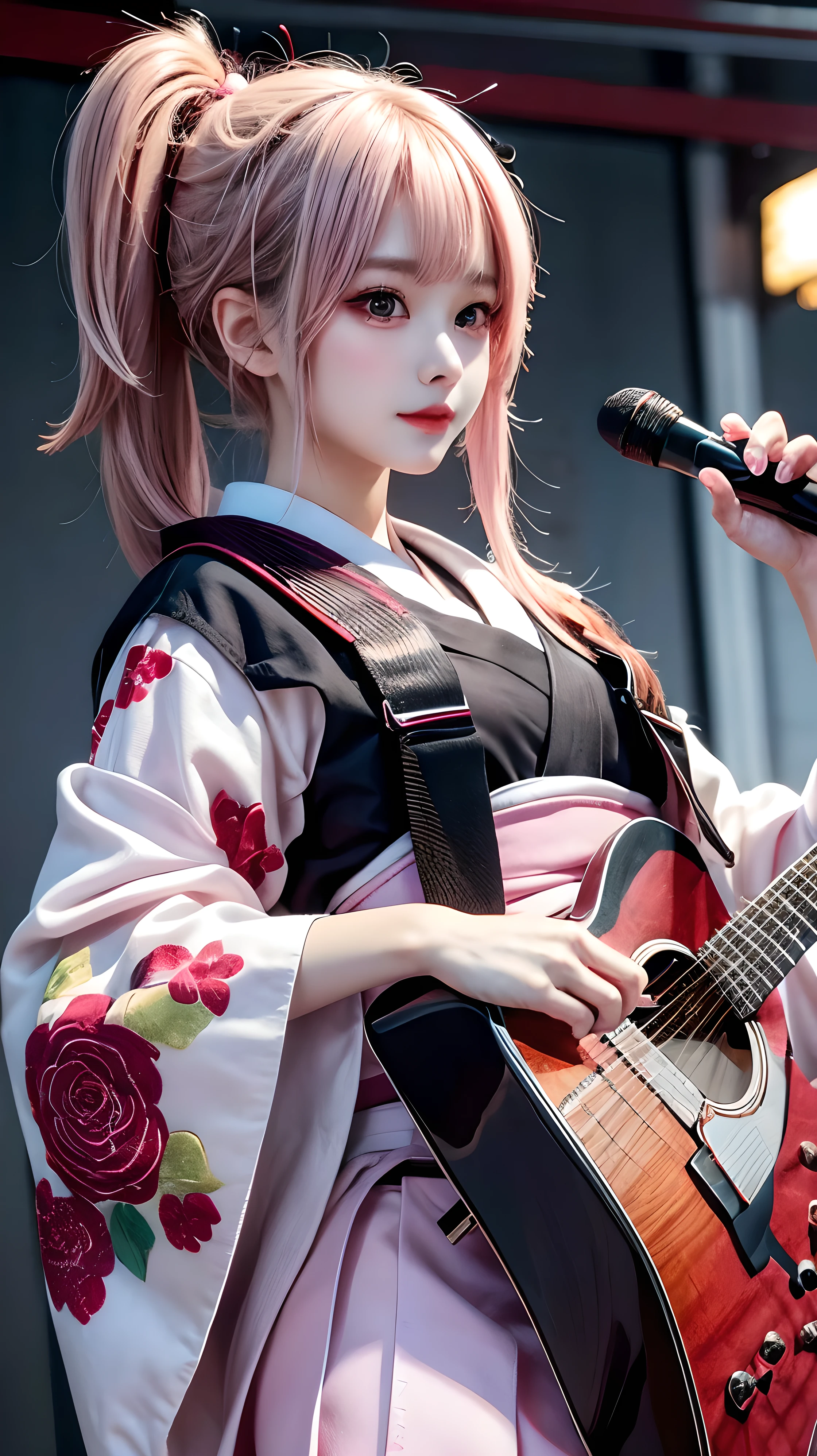 masterpiece, best quality, very detailed, high resolution, expensive resolution, high resolution, 4K, 8k, Unity 8k wallpaper, highly detailed CG, masterpiece, 2D, 3D, beautiful details, depth, fine texture, best quality: 1.3, perfect focus, crispy skin, he,
Very cute anime girl, girl playing guitar vocals in a band wearing a Japanese fancy floral haori hakama, on outdoor stage, full body, expensive pink and black short twin tail hair, mole under eye, looking at the viewer, expensive, blush, mole, lips open, , heart choker, pink eyes, guitar vocals, stage