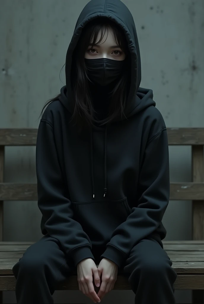 a  girl who is wearing a black hoodie and a black mask and i very very slim . she is cute and is sitting on a bench . she has black hair. make it very realistic. she is wearing trousers or sweatpants