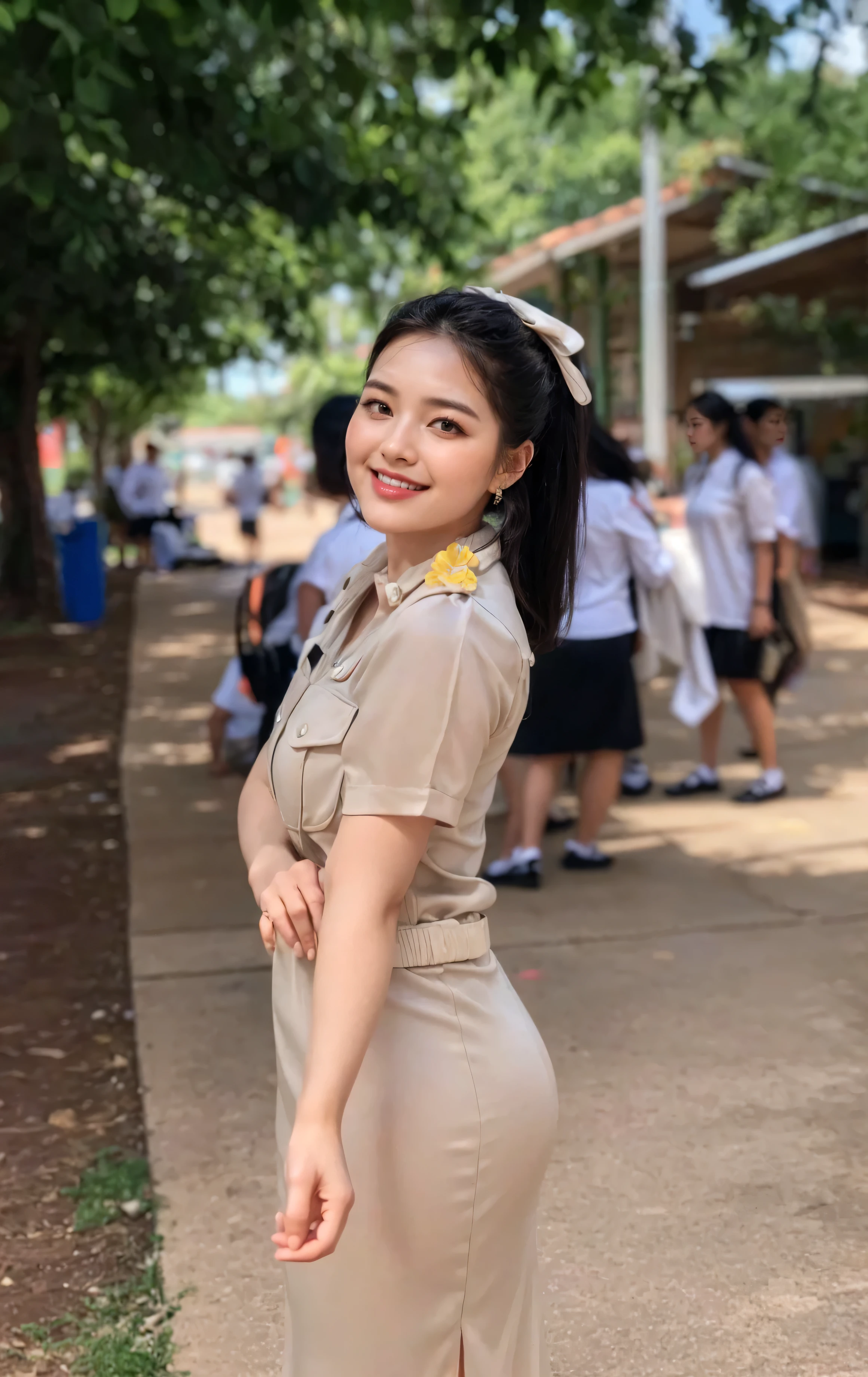 a beautiful Korean young Office girl, (((18 years young girl))), detailed face with beautiful eyes and lips, long black hair, stylish hair, hair pin, romantic Eyes, beautiful eyes, smiley face, happy face, glow face, super round young breasts, beautiful realistic knees, glow skin, bright skin, realistic skin, realistic smile, cutest smile, realistic body, Standing In Front of laptop in Office hall, ((Seafoam silky Glitter above knee length office dress)), ((office dress is seafoam luxury 2 piece dress)), I'd Card, laptop, very big office hall, pink office, very big Luxury office Interior, office staff, detailed office dress, stylish dress, stylish uniform, stylish 2 piece dress, High resolution dress quality, stylish look, stylish angle, photorealistic, realistic, masterpiece, ultra-detailed,8k, (best quality,8k,highres,masterpiece:1.2),ultra-detailed,(realistic,photorealistic,photo-realistic:1.37), highly detailed, cinematic lighting, vibrant colors, warm tones, masterpiece,highres,warm lighting, vibrant colors, soft focus, elegant, cinematic, highly detailed, professional digital art, UHD, Ultra HD, ultra realistic, hyper realistic, ultra sharp, vivid, realistic atmosphere, Beautiful rally atmosphere in background, beautiful office in background, detailed office interior background, hyper-detailed background, office, very big office hall, cinematic photography, award winning Photography, Very High Resolution picture quality, full-body shot,