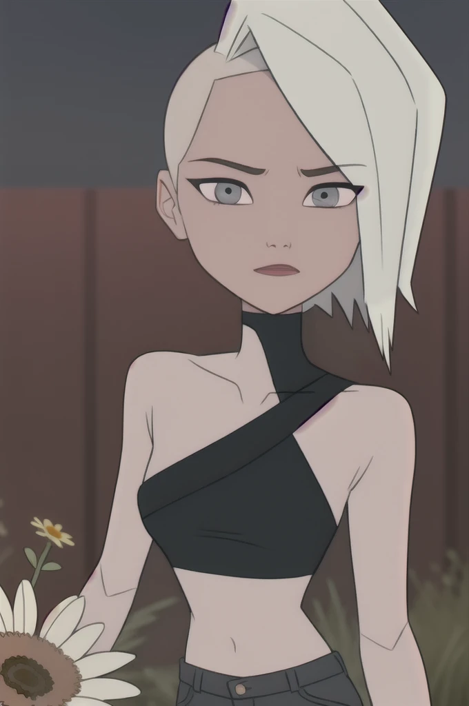 (Solar theme:0.6), Glucose, 1 girl, mature face, One, short hair, in a black bra, in a black bikini, bare legs close up, cheekbones on face close up, mature appearance, sexuality, Long legs, sexy legs, high growth, sunny day outside, street, summer day, Sun, sunset, walks through the clearing, A meadow, wound, 1.2), White hair, pomade, decrease,  I look at the viewer, grey eyes, sharp image, Crop top, (HDR:1.22), bright acid colors, flowers, Many colors, thickets, complex background, hyper-detailed, Art [[Jordan Grimmer]], Close-up
