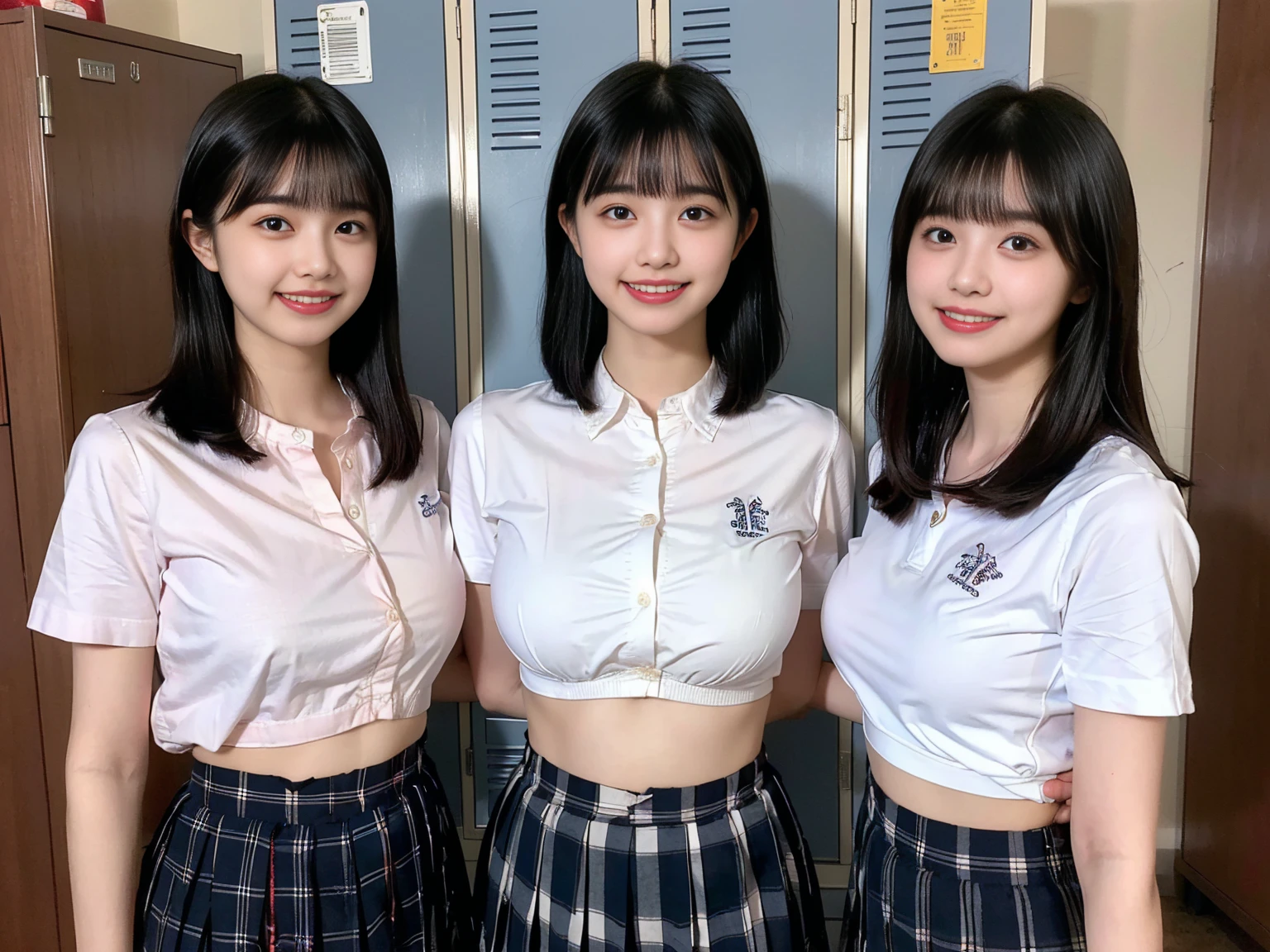 (8k,high resolution,high quality,High resolution,masterpiece),(From above),(Face Focus),Three students in a bedroom,Kneel before me and surround me,White collared shirt with bow tie,Pleated Skirt、Big Breasts、Large Breasts、Too big breasts、Indigo Hakamashita,A small dark red ribbon in her hair,18-year-old,bangs,Smile a little,Low Ponytail,From below