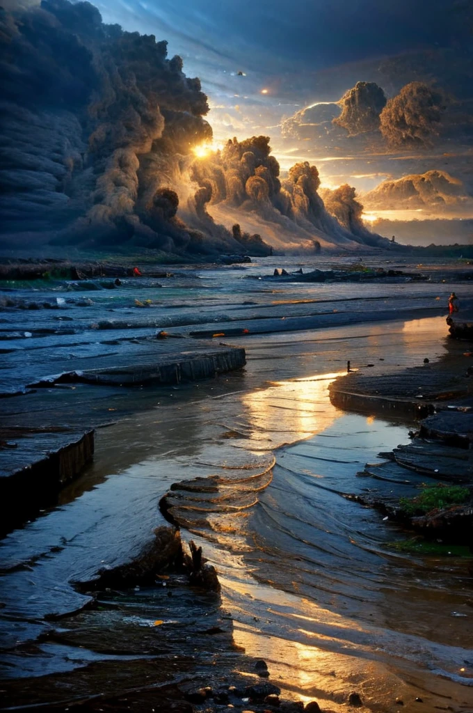 Shaking,The background color is mainly dark,Landslides and ground fissures,The sky is falling,The four seas are churning,Heaven and earth are in opposition,Clearly layered