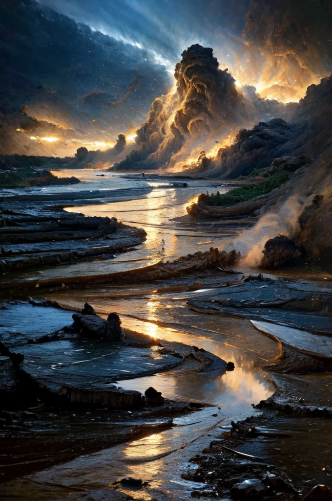 Shaking，The background color is mainly dark，Landslides and ground fissures，The sky is falling，The four seas are churning，Heaven and earth are in opposition，Clearly layered