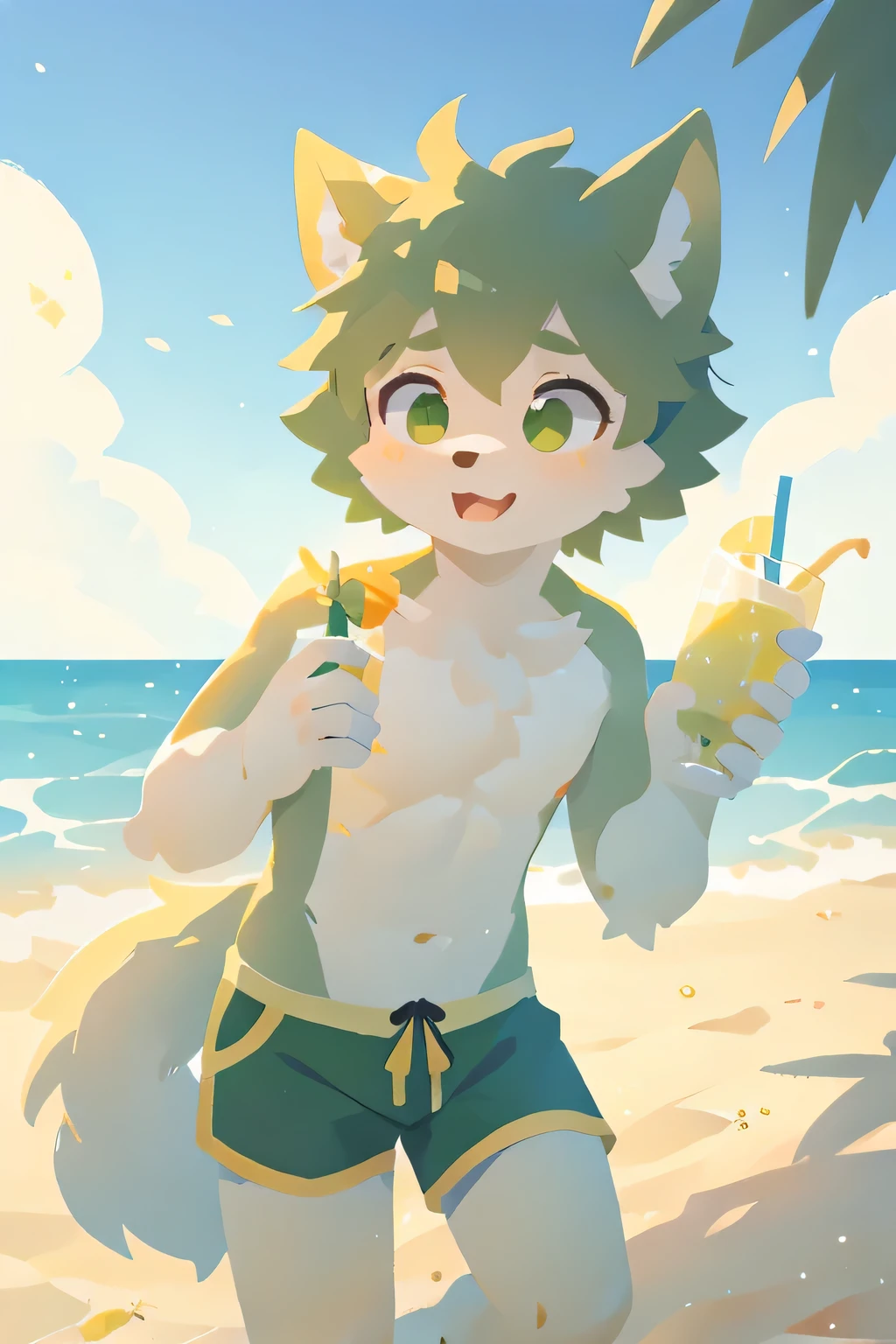 A wolf boy with yellow-green and white fur,Wear green shorts,Eat green lime,Beach,seaside,swim,summer,Drink lemonade