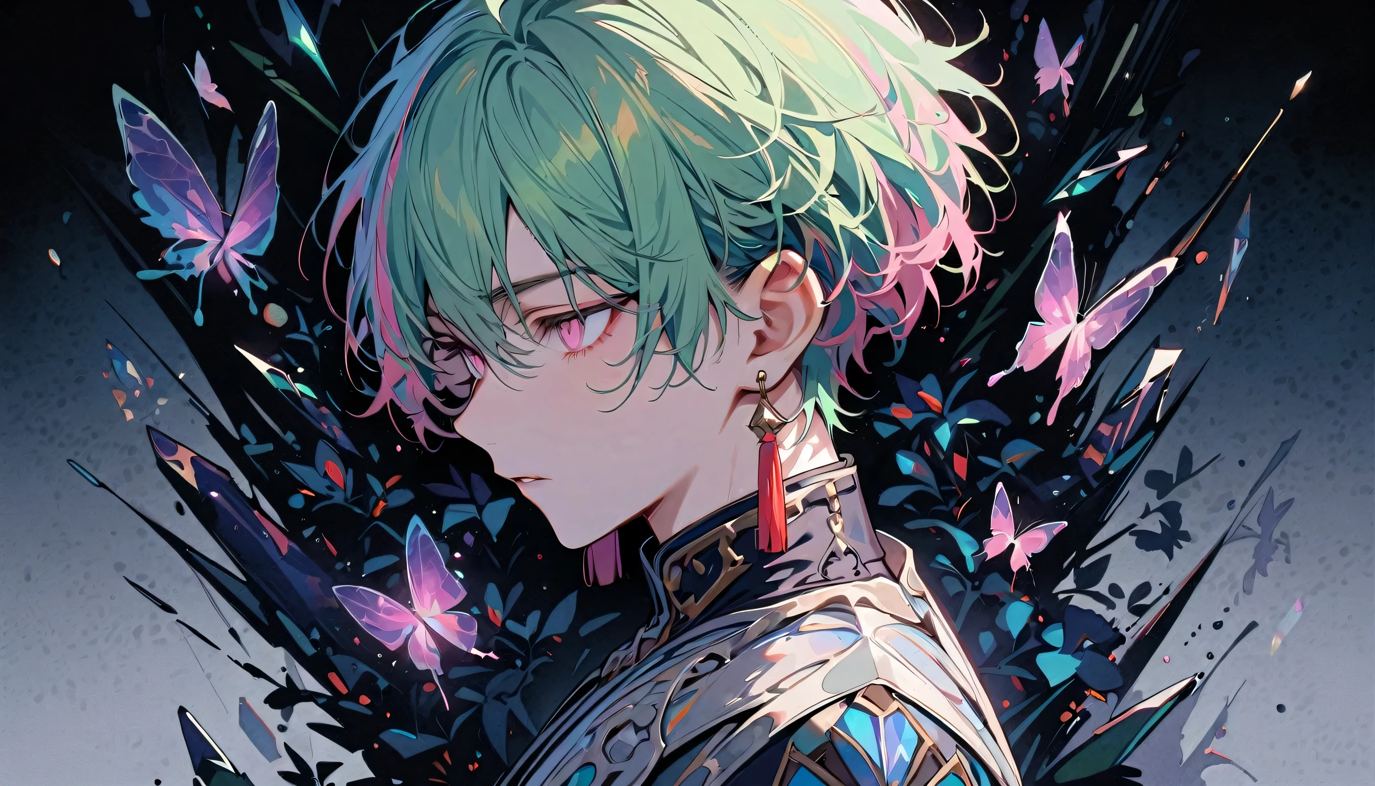 masterpiece, Male focus, 1 boy, solitary, green short hair, tassel earrings, tassel, jewelry, earrings, black flower background, pink eyes, short hair, crystal, Butterfly, Upper Body, Colorful hair,Pearlescent Rose,Personal,The eyes are depicted in great detail