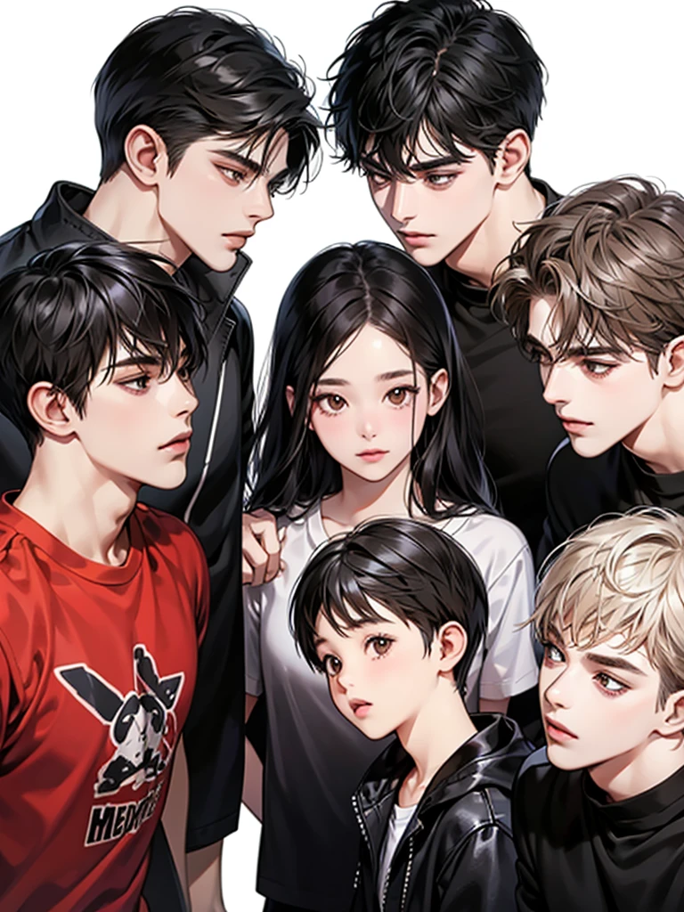black hair, brown eyes, Sharp features, white skin, perfect, t-shirt, simple background, 4 girls, 4 boys
