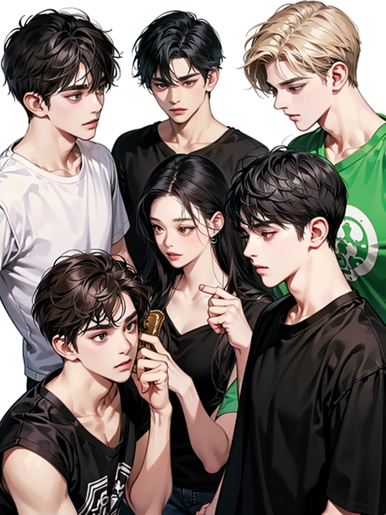 black hair, brown eyes, Sharp features, white skin, perfect, t-shirt, simple background, 4 girls, 4 boys