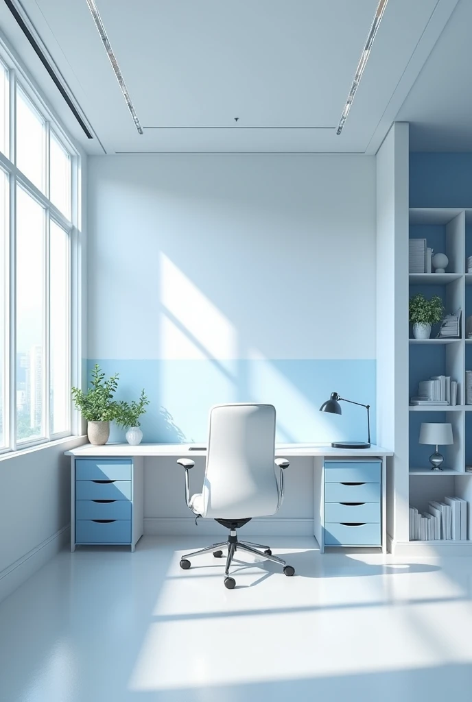 Realistic modern design of a office room,use white and gray and blue as color of matterials,daily lighting,design my oficce walls and put furnitur