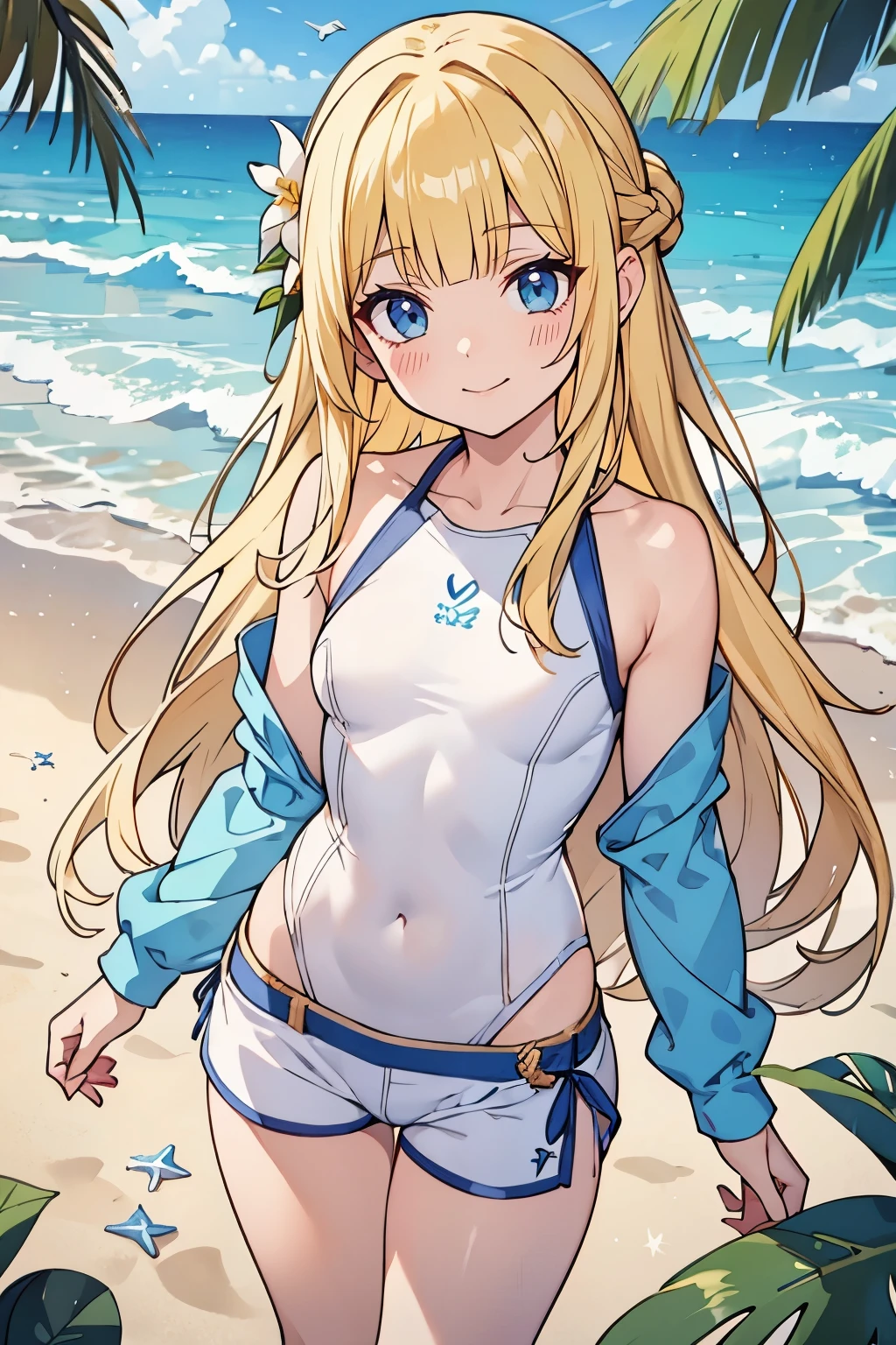 fairy_tail_style, solo, 1 girl, (young female body:1.4), (medium small breasts), golden yellow hair, extra long hair, blunt bangs, crystal blue eyes, very detailed eyes, cowboy shot, detailed eyes, beach house, sand, rashguard swimdress, white one piece bathing suit with shorts, white rashguard swimsuit, white swimsuit with shorts, misa hairstyle, misa hairstyle, flower in hair
