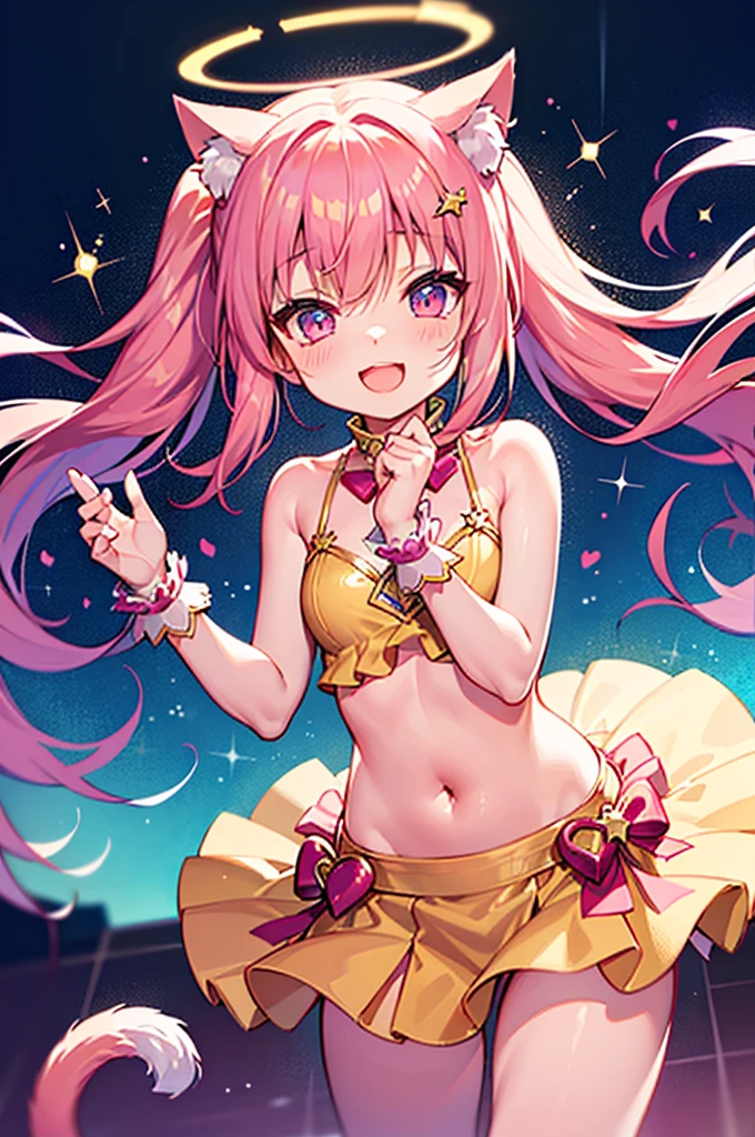 [(manga:1.1):(splatoon:1.08):0.9] style,
Glittering gold Perry dancer costumes, dance with big moves,bare navel,glitter like star,hyper laughter,hyper happy,1 shota,angel  girly boy,(earless:1.5),(((pink two_side_up long hair))),cat ears,cat tail,heart-shaped halo,angel wings,Pink translucent and shimmering airflow, visualization of happiness,heart eyes,