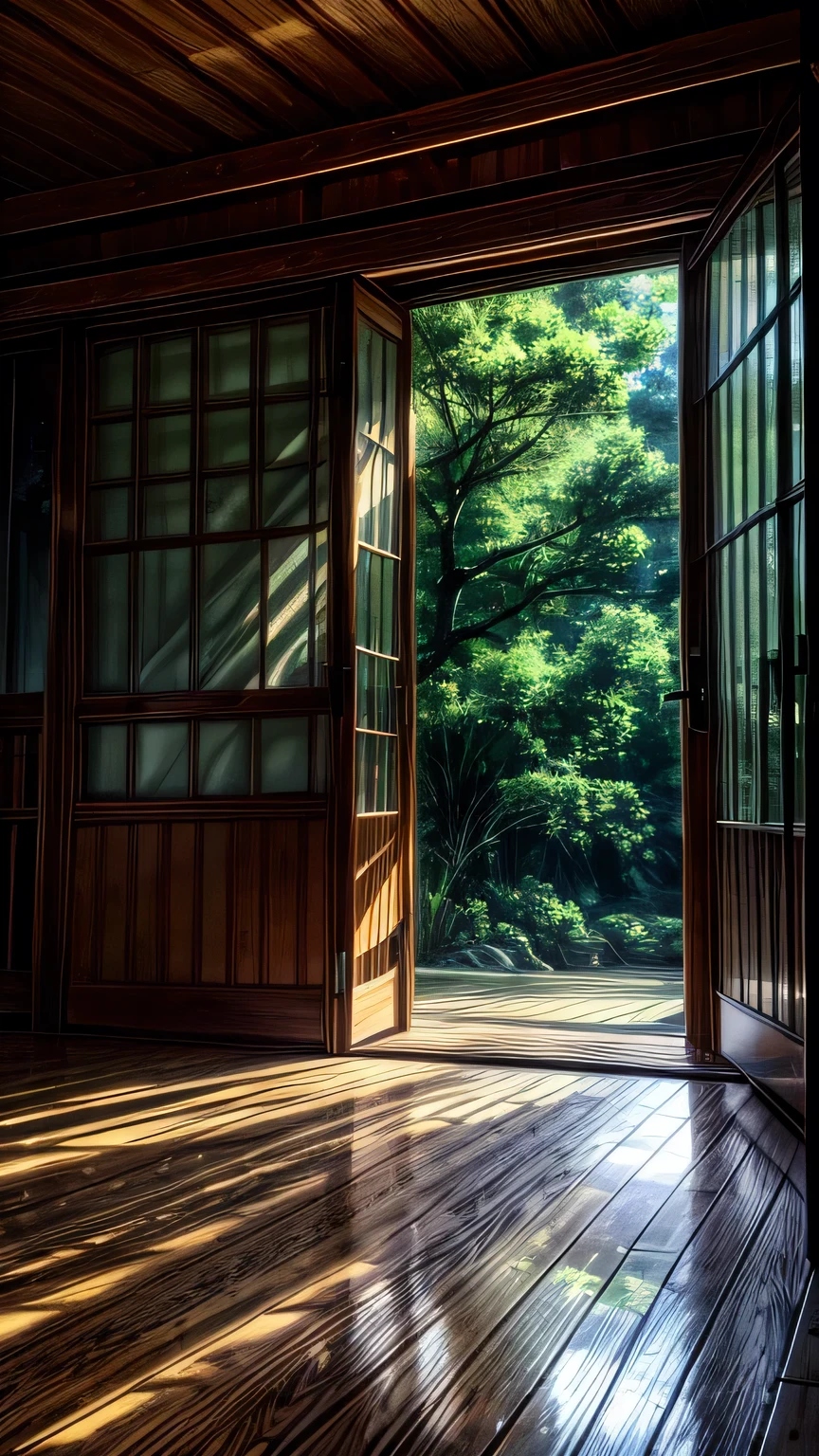 A cozy, serene room with soft, warm lighting. A large window offers a breathtaking view of a tranquil nature scene: a lush green forest with tall trees gently swaying in the breeze, a calm river flowing nearby, and distant mountains under a clear blue sky. The sunlight filters through the leaves, casting dappled patterns on the wooden floor inside the room. A comfortable chair is positioned by the window, inviting you to sit and immerse yourself in the peaceful, rejuvenating atmosphere.