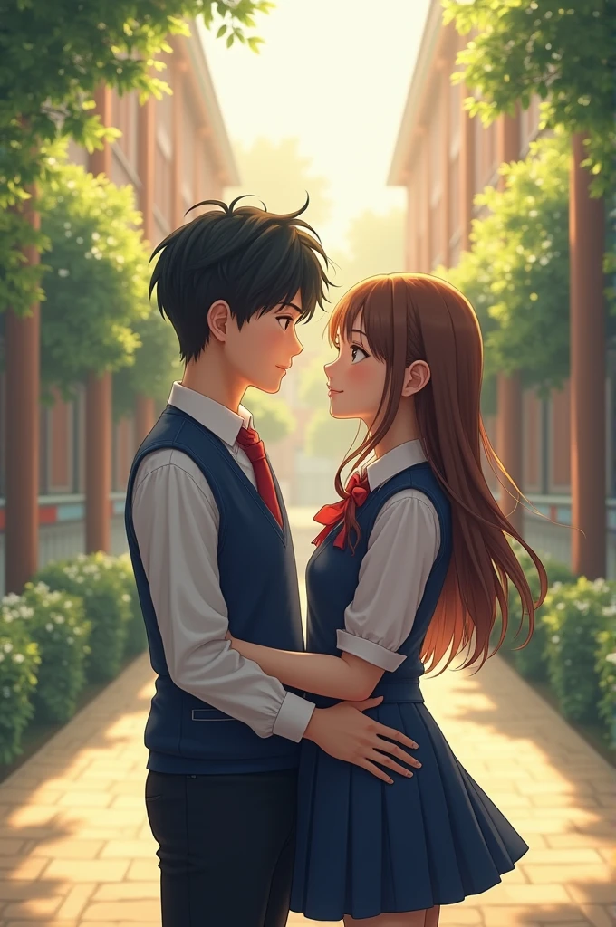 highschool lovers wearing a navy blue uniform with vest and necktie