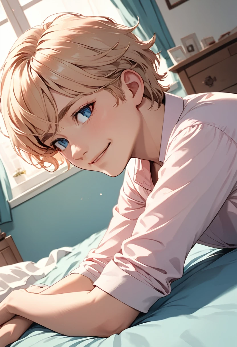 detailed illustration, Bottom-up angle, Extremely detailed, illustration, 1 person, blue eyes, Delicate eyes, Short Blonde,Boys, Light pink shirt, Sit on the bedroom bed, Gentle smile