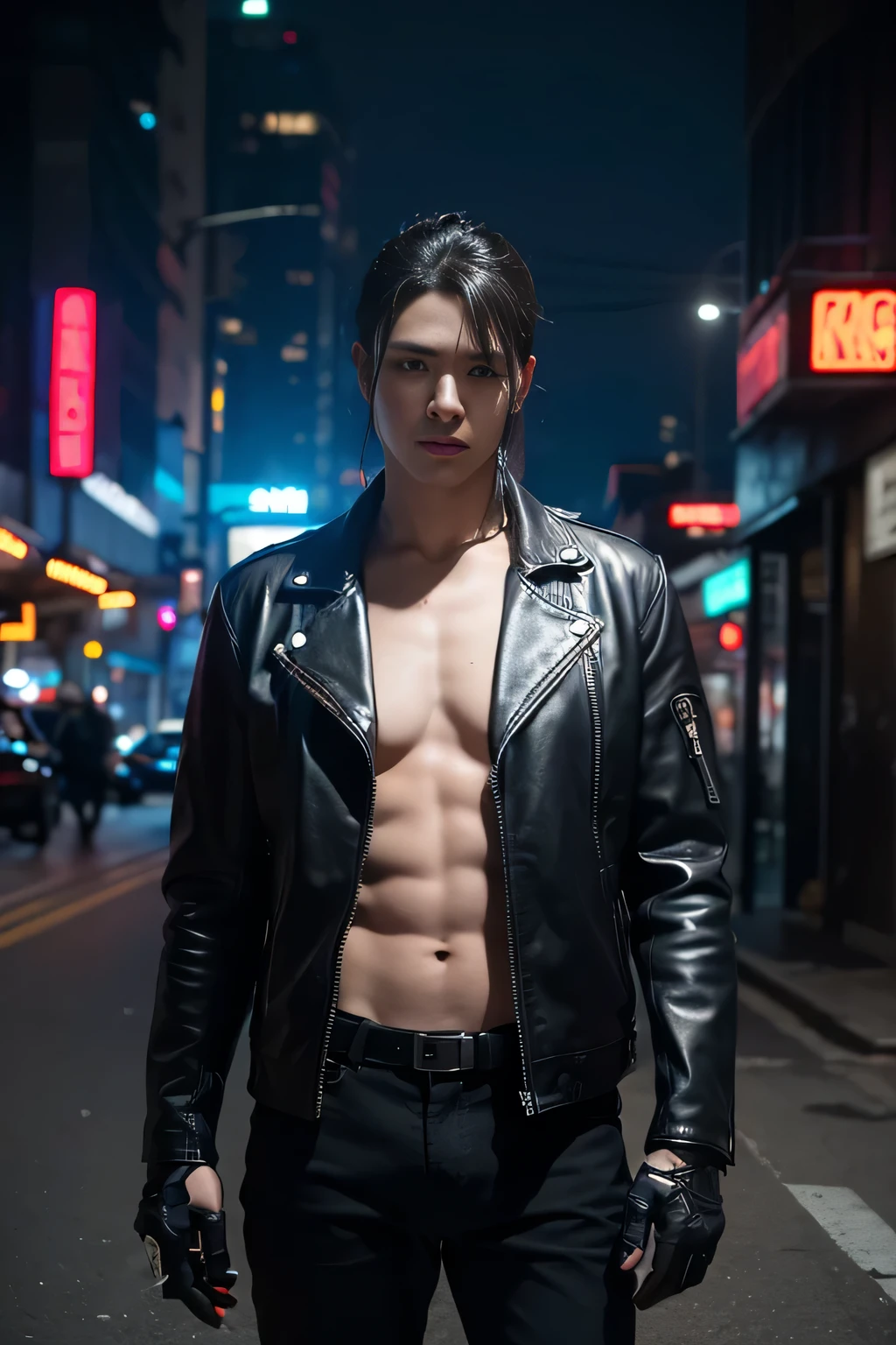 A person with mechanized body parts in the cyberpunk style stands out. His transparent skin reveals circuits and cables, while his eyes glow with colored LEDs. The limbs are a mixture of flesh and metal, with advanced prosthetics and cybernetic interfaces. Wearing a black leather jacket, the figure is set in a dystopian urban setting with decaying skyscrapers. The image represents the fusion between the human and the mechanical in the futuristic world of cyberpunk