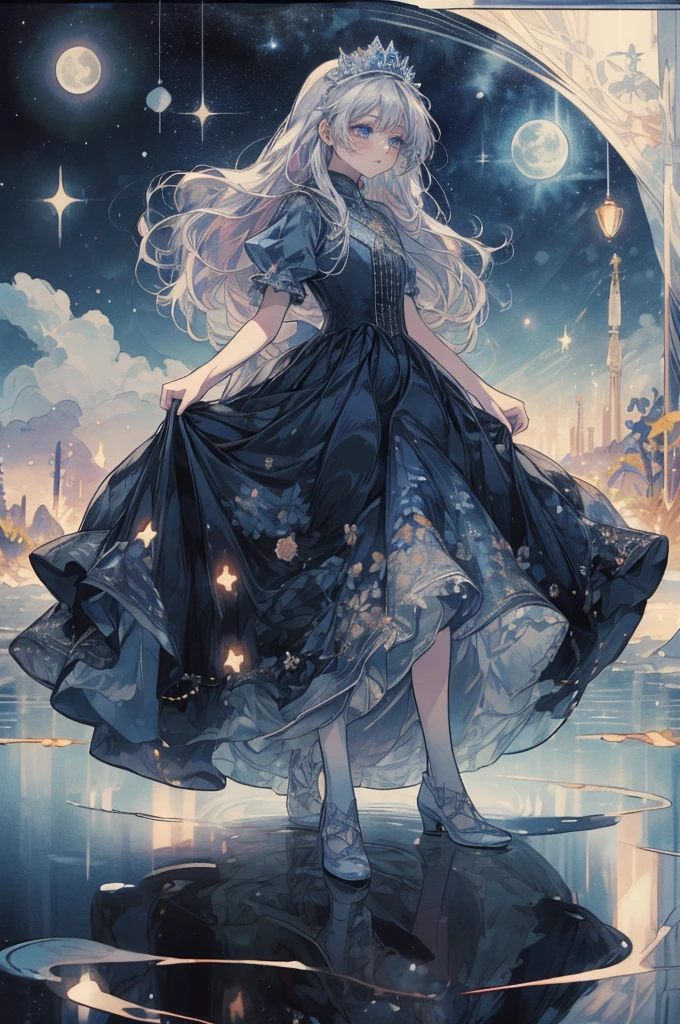 (Mastepiece), (Best Quality), Very detailed, 1 girl, (Full body solo shot:1.5), Perfect Face, beautiful girl, Very detailedな顔，(Blue Princess Dress:1.4)、(Long white hair:1.5)，(blue eyes:1.4)，(Princess:1.4)、(White flower:1.4)、(Blue Butterfly々:1.3)、(Sparkling:1.3)、moonlight、流れstar、(night、star空、White Moon:1.4)、star々、moonlight