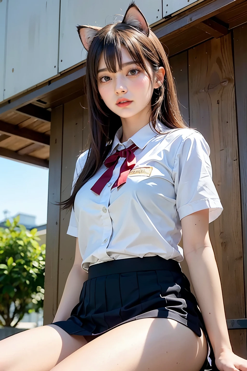 Masterpiece, bokeh, (Beautiful face), (Detailed face), (Japanese idle), (Runner uniform:1.3), (Blushed face:1.3), (Plump breast:1.2), (Sitting :1.5), (Cat ears:1.3), school
, (From below:1.5)reflected light,