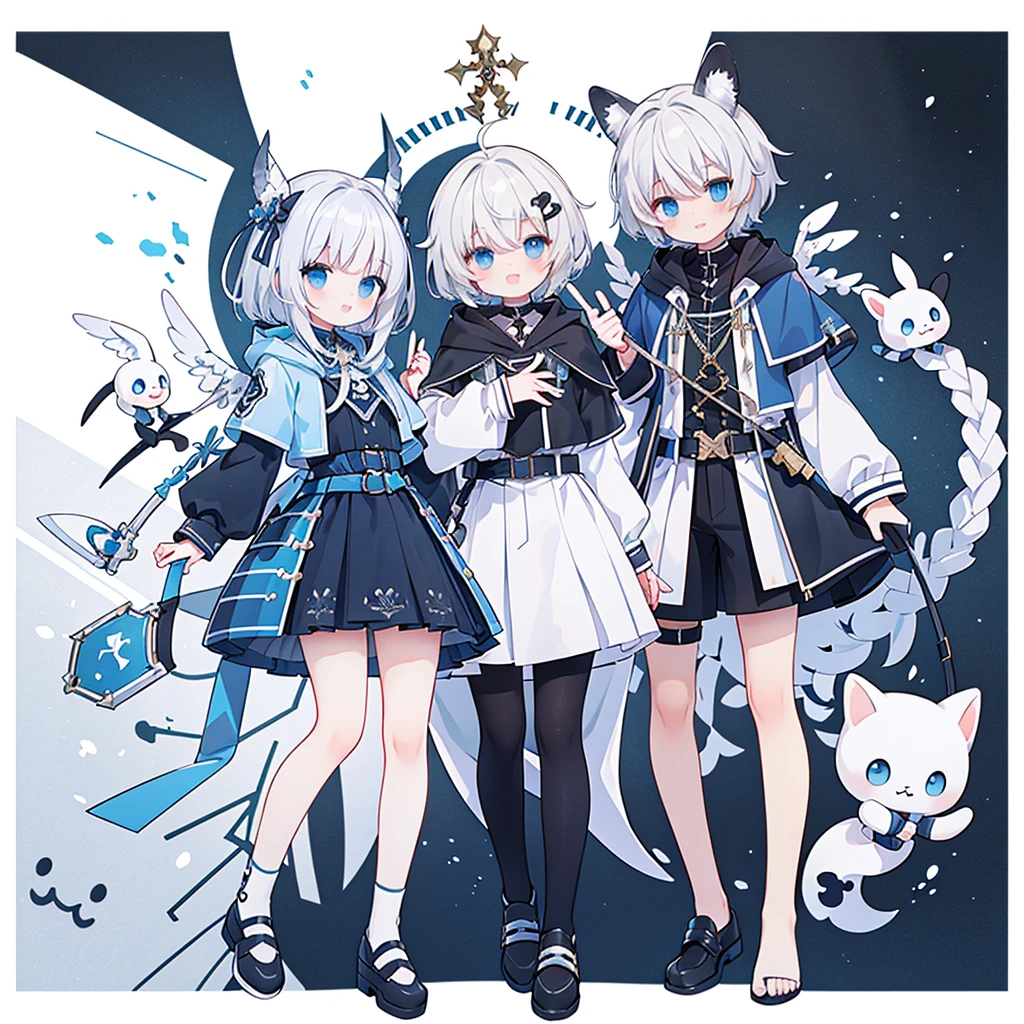 (​masterpiece、top-quality、hightquality)、a 15 year old boy、Comes with white hood、The long-haired、white  hair、Stand on white background、snake motif、Laughed、verd s eyes、researcher、character designs、a belt、modern、cyberpunked、neuter、shortpants、face with seams