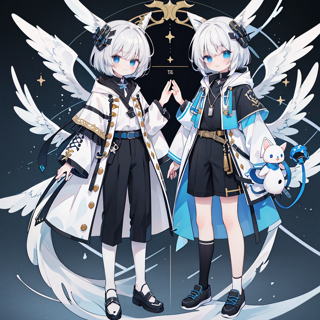 (masterpiece、top-quality、hightquality)、a 15 year old boy、Comes with white hood、The long-haired、white hair、Stand on white background、snake motif、Laughed、verd s eyes、researcher、character designs、a belt、modern、cyberpunked、neuter、shortpants、face with seams