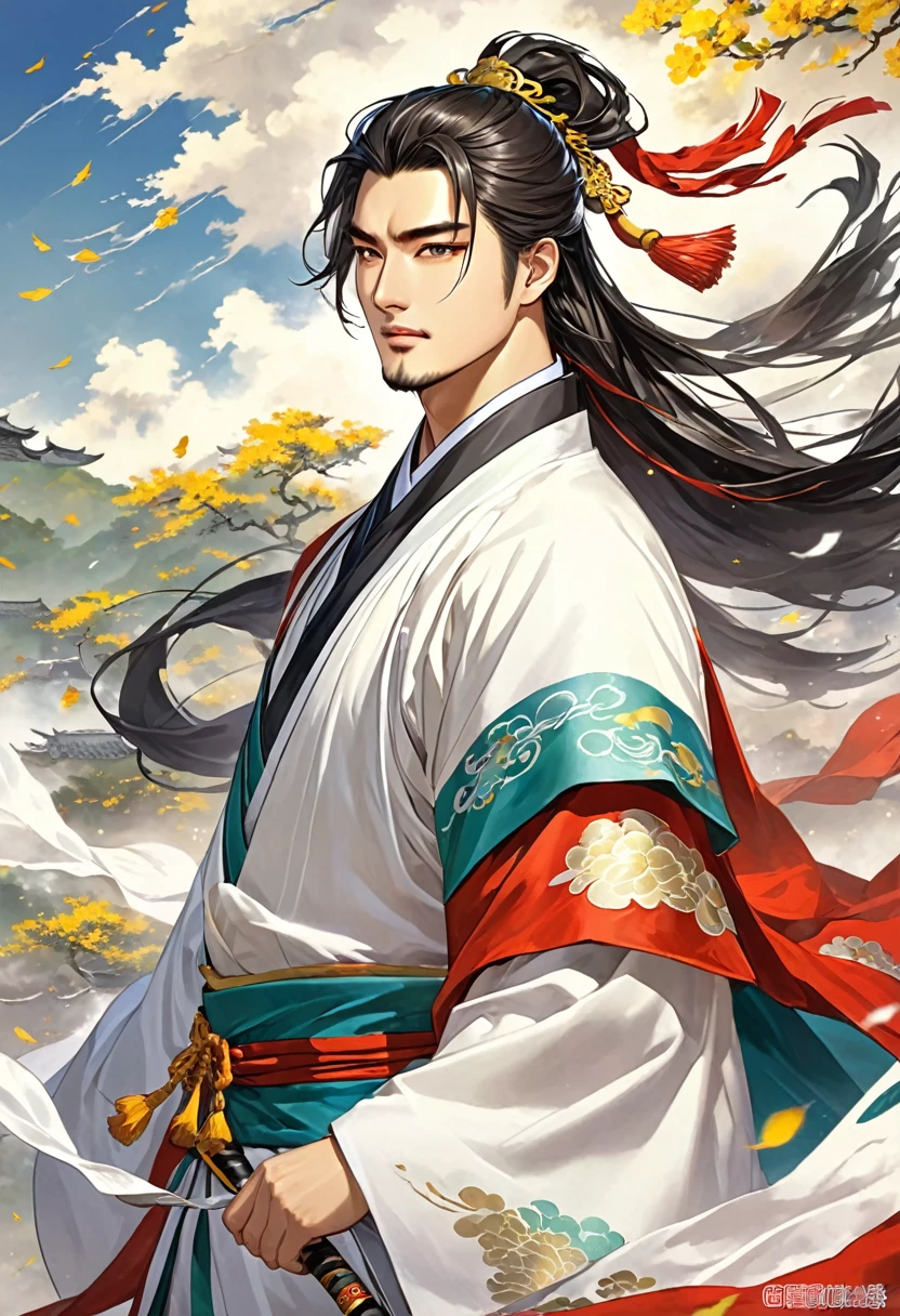 Three Kingdoms Zhuge Liang, young, wind, very smart, no beard, 면으로 된 옷